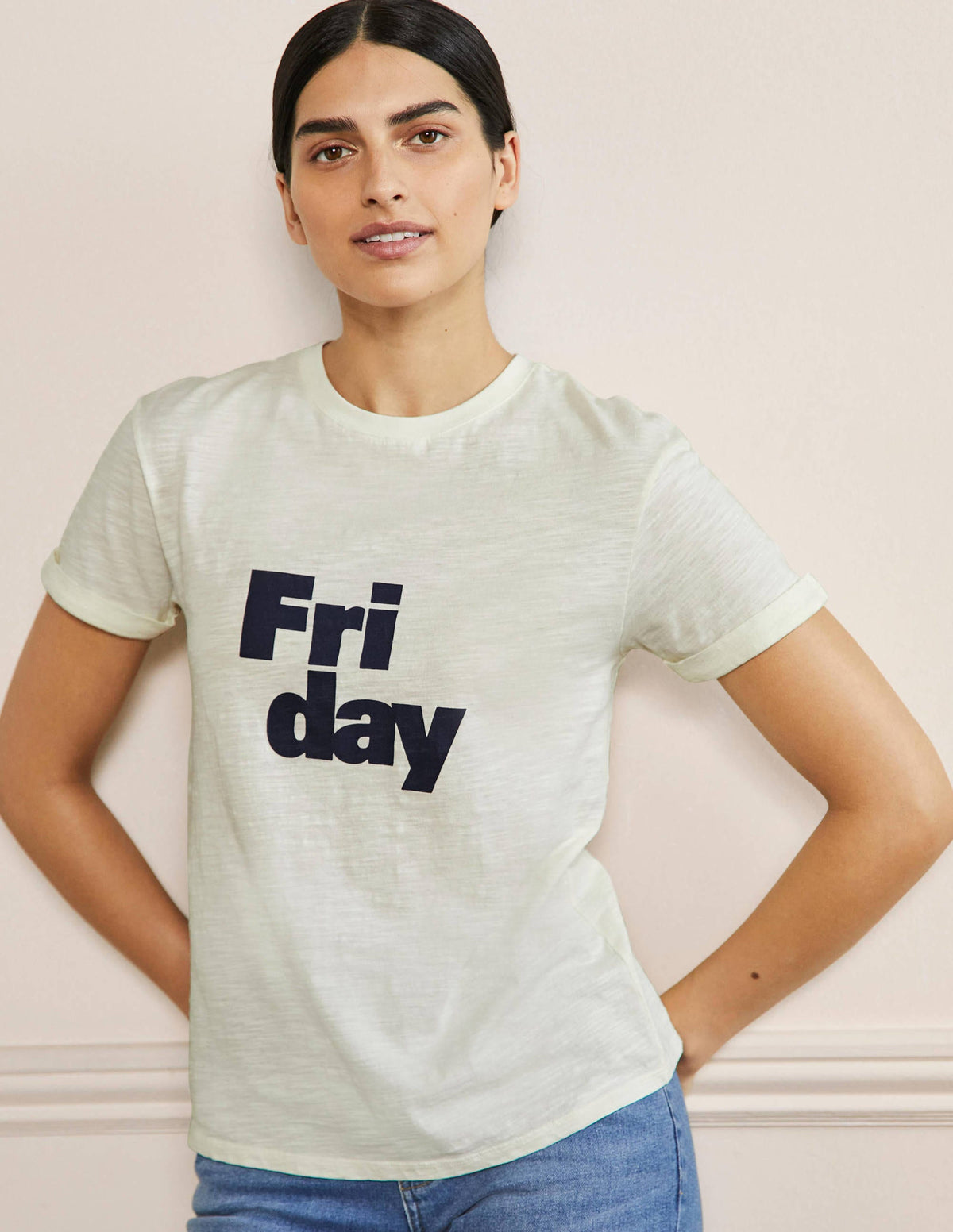 Turn Up Cuff Cotton T-shirt-Ivory, Friday - Image 1