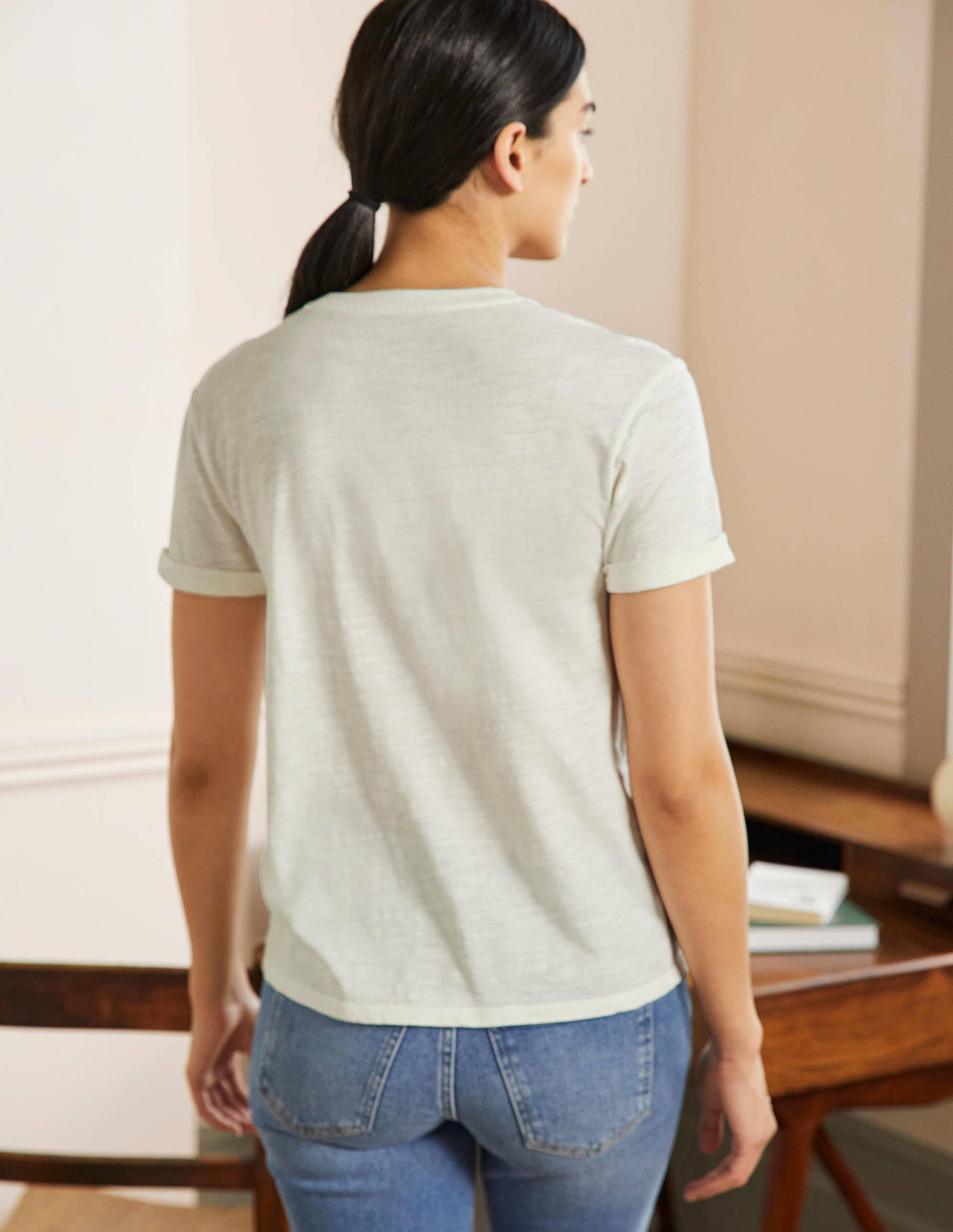Turn Up Cuff Cotton T-shirt-Ivory, Friday - Image 3