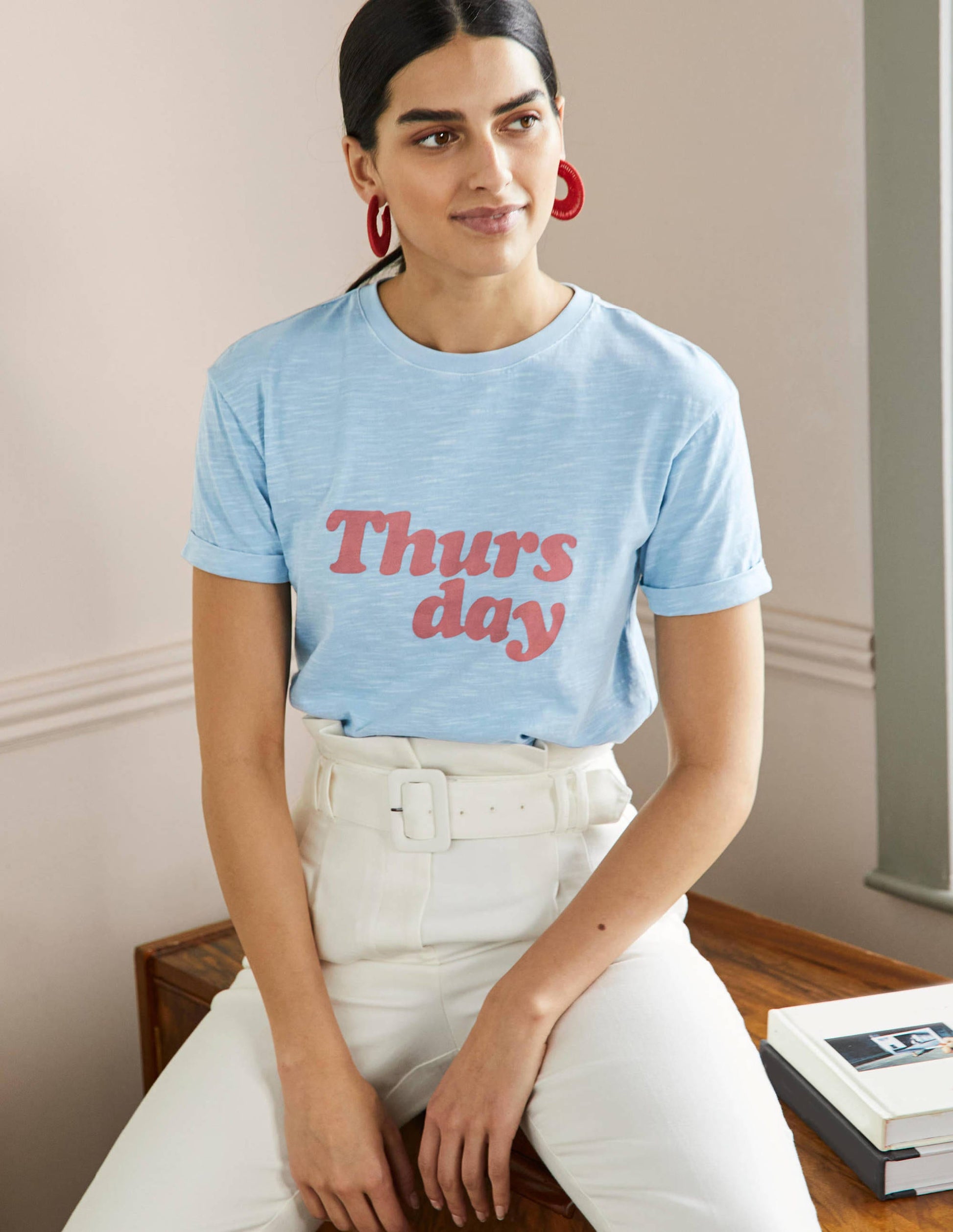 Turn Up Cuff Cotton T-shirt-Dusty Blue, Thursday-1