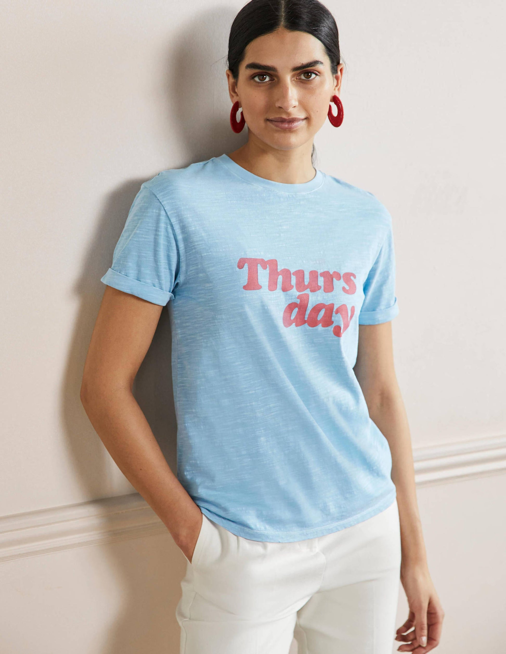Turn Up Cuff Cotton T-shirt-Dusty Blue, Thursday-4