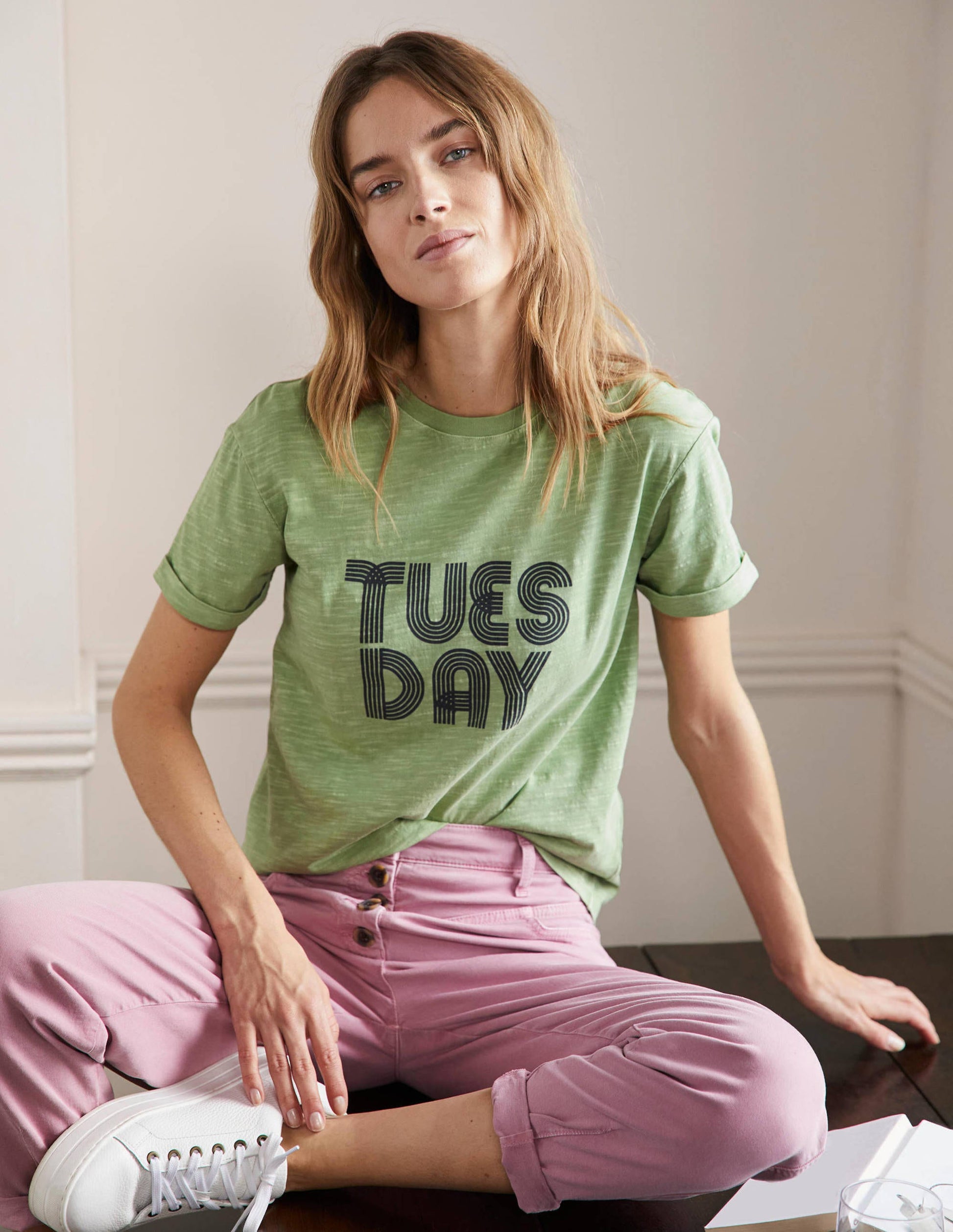 Turn Up Cuff Cotton T-shirt-Basil, Tuesday-1