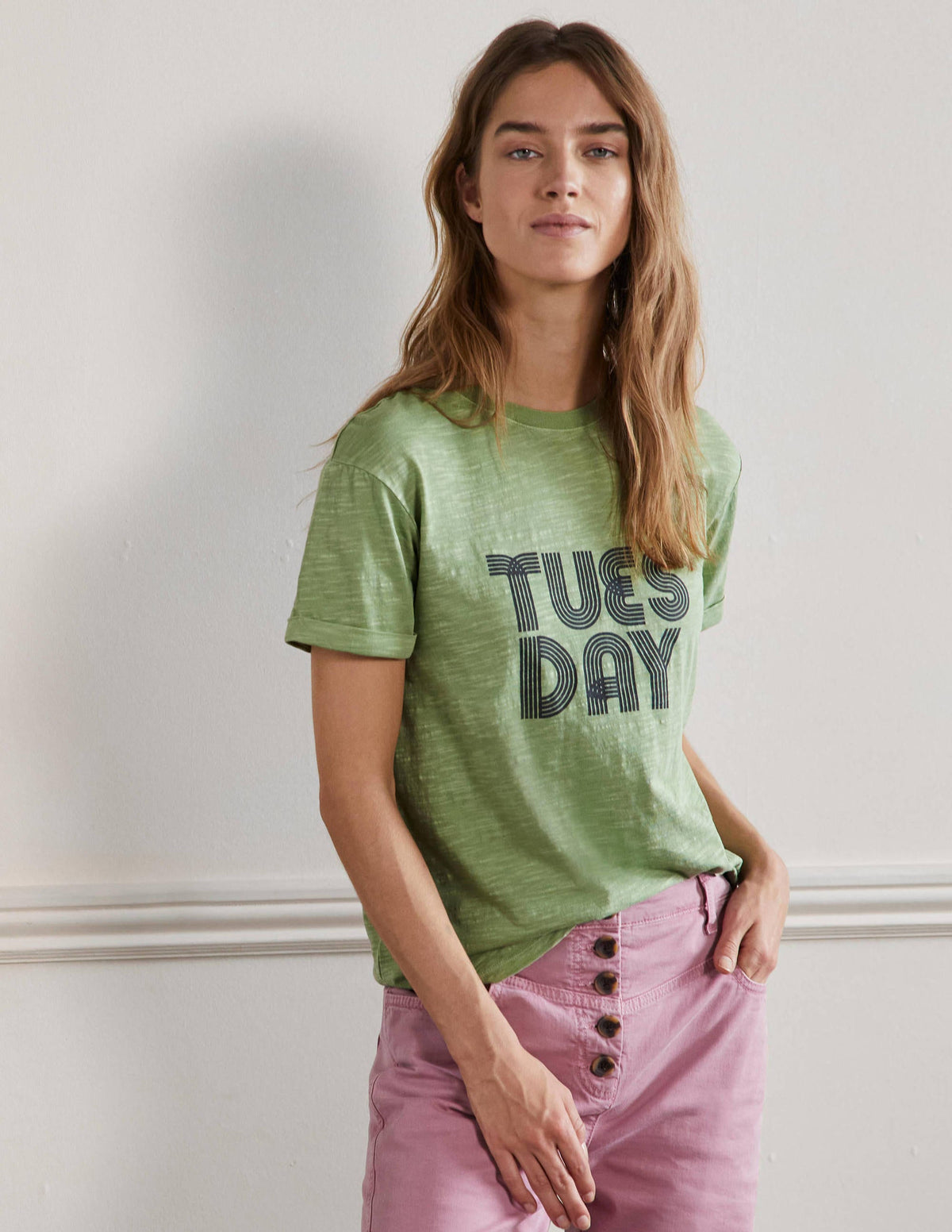 Turn Up Cuff Cotton T-shirt-Basil, Tuesday - Image 4