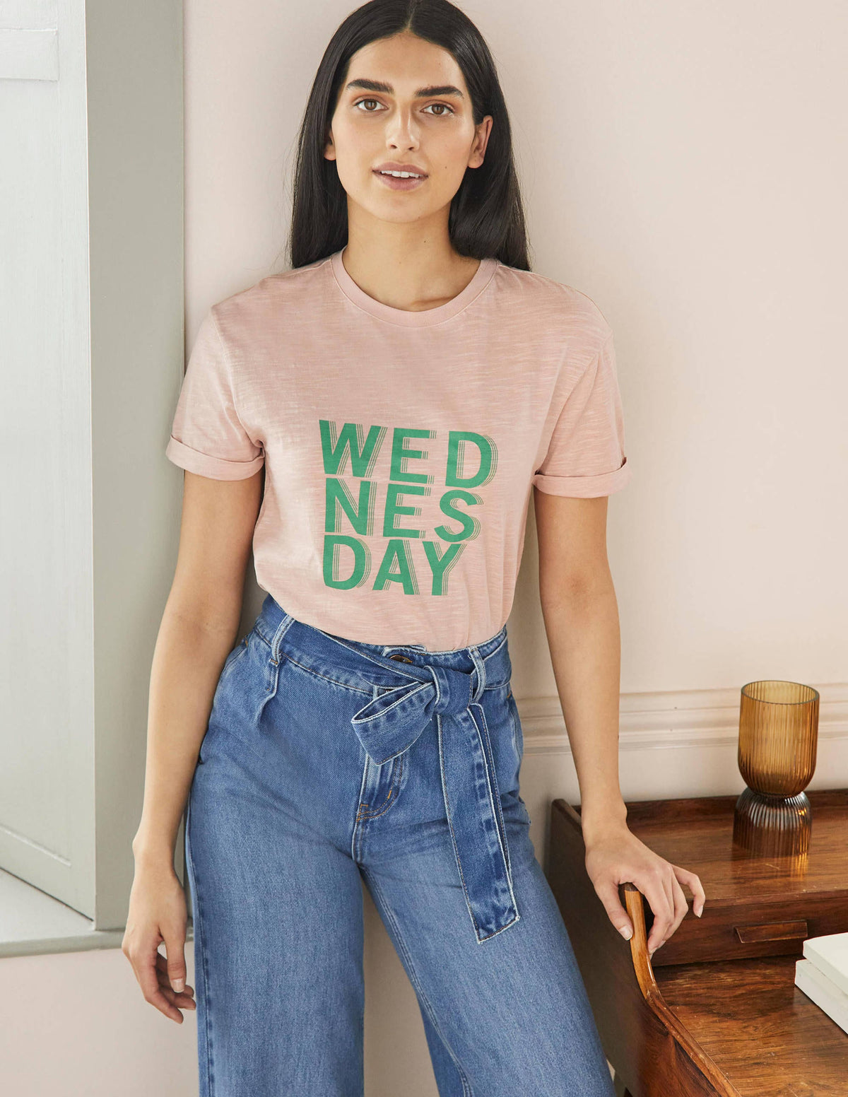 Turn Up Cuff Cotton T-shirt-Milkshake, Wednesday - Image 1