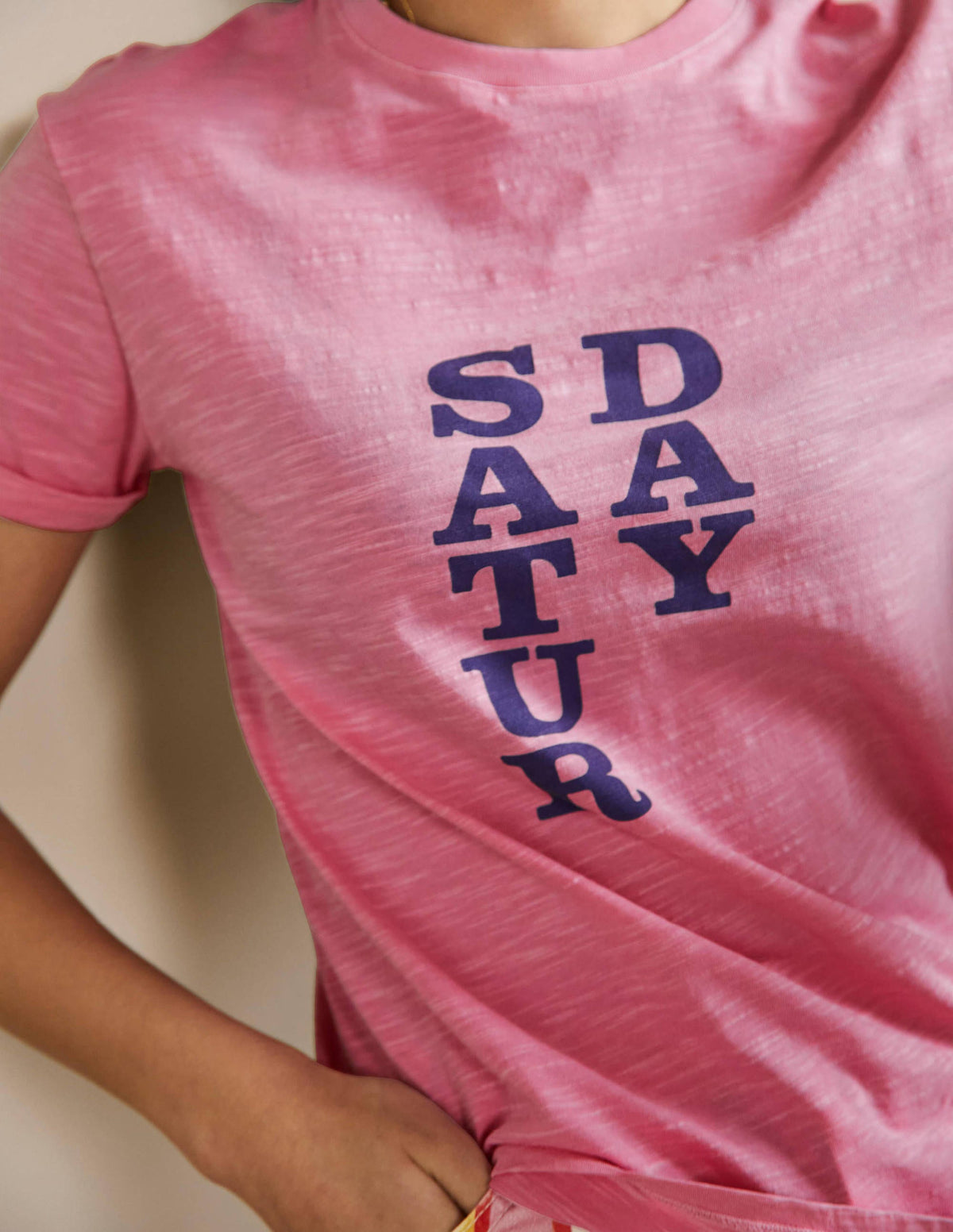 Turn Up Cuff Cotton T-shirt-Posy Pink, Saturday - Image 2