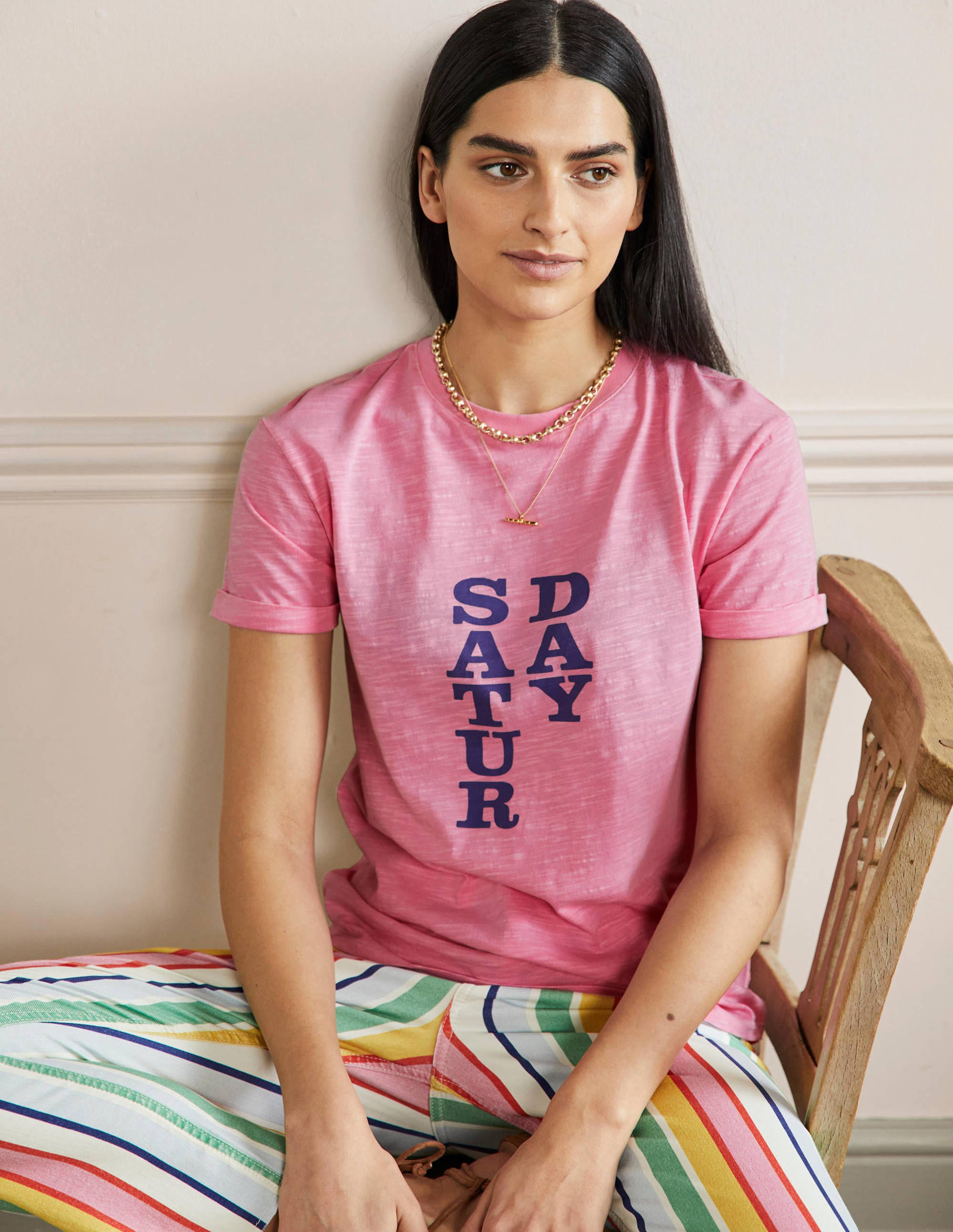 Turn Up Cuff Cotton T-shirt-Posy Pink, Saturday - Image 4