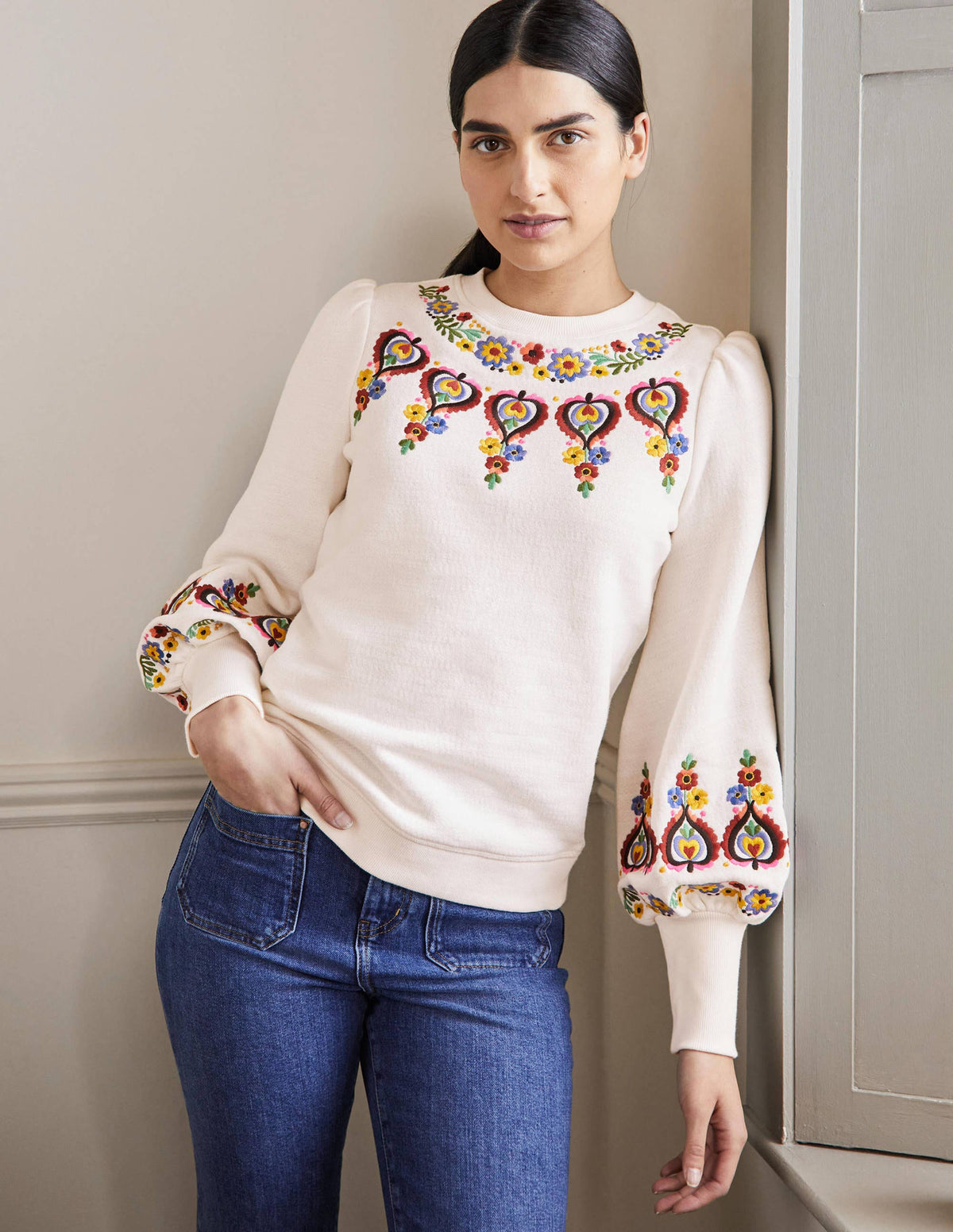 Embroidered Blouson Sweatshirt-Ivory Embroidery - Image 1