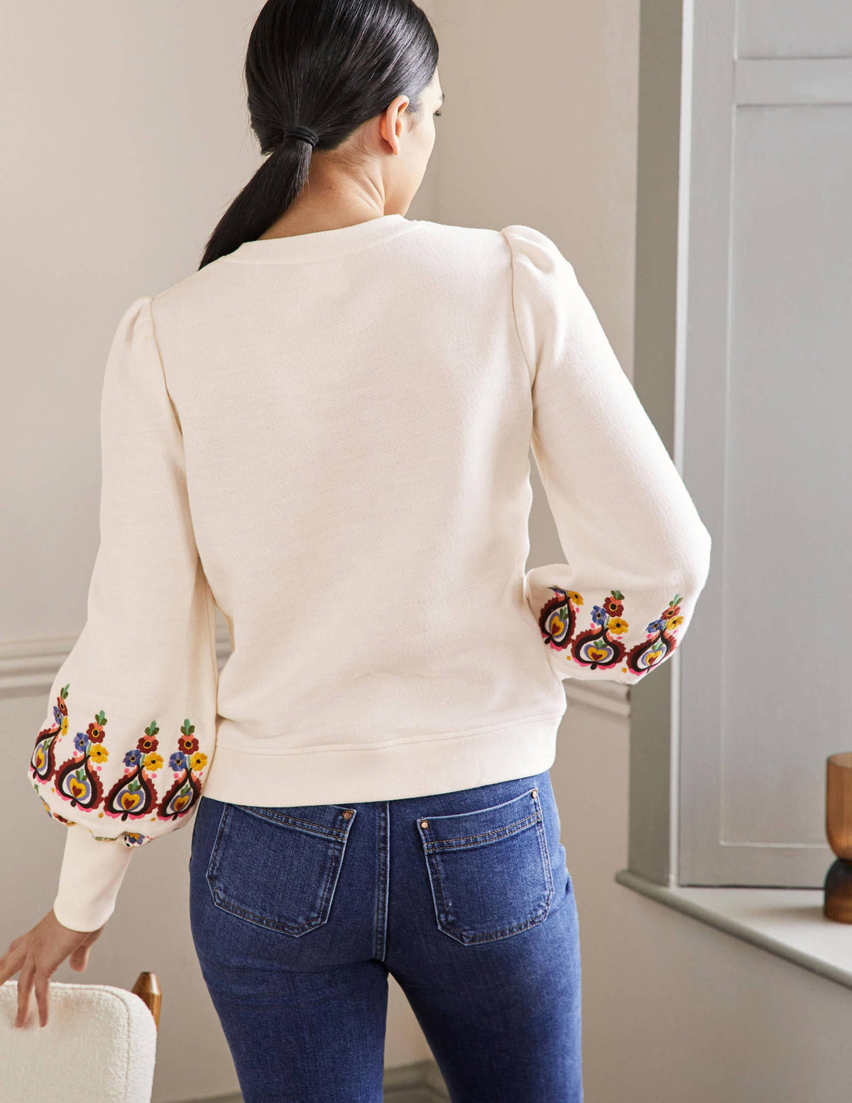 Embroidered Blouson Sweatshirt-Ivory Embroidery - Image 3