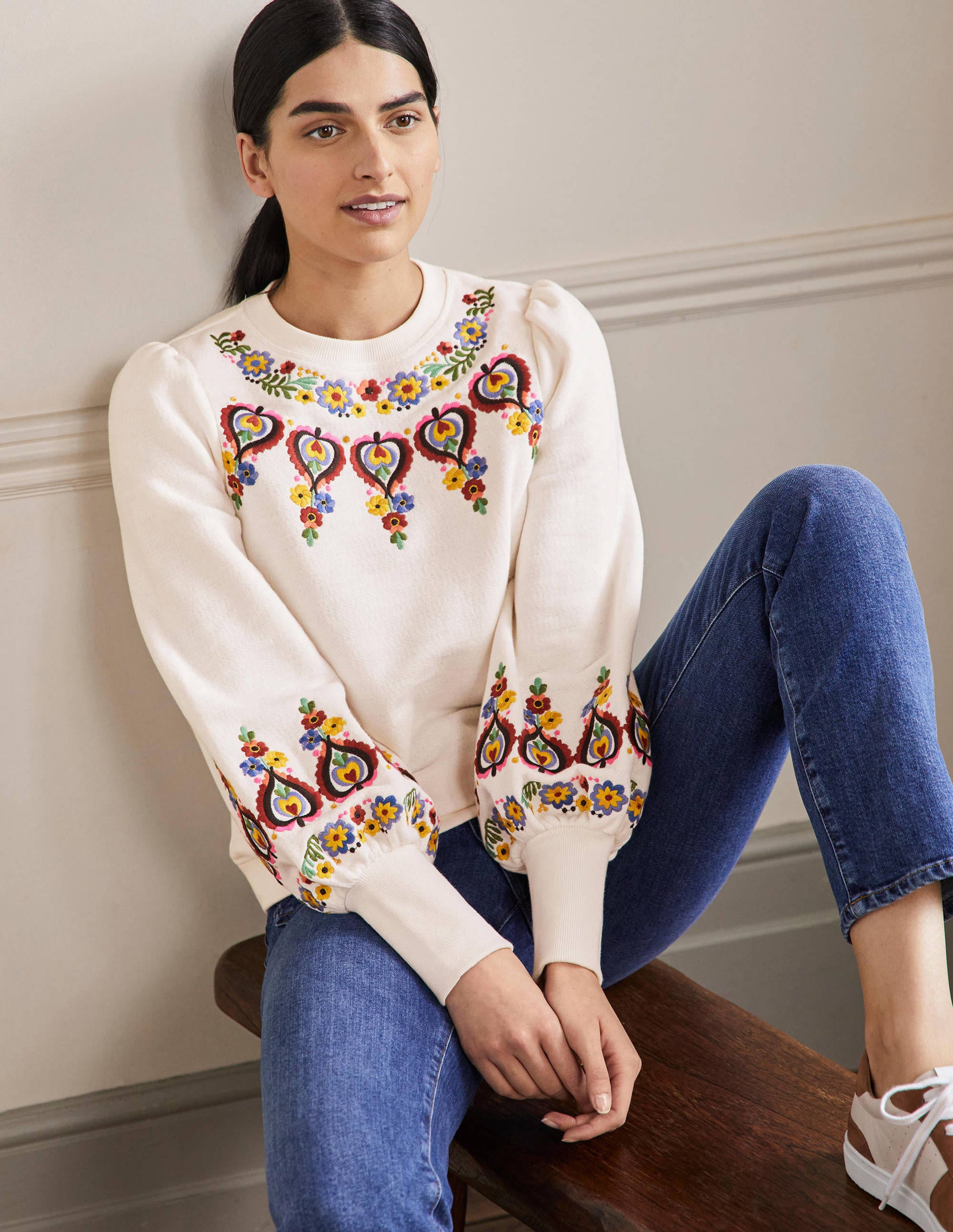 Embroidered Blouson Sweatshirt-Ivory Embroidery - Image 5