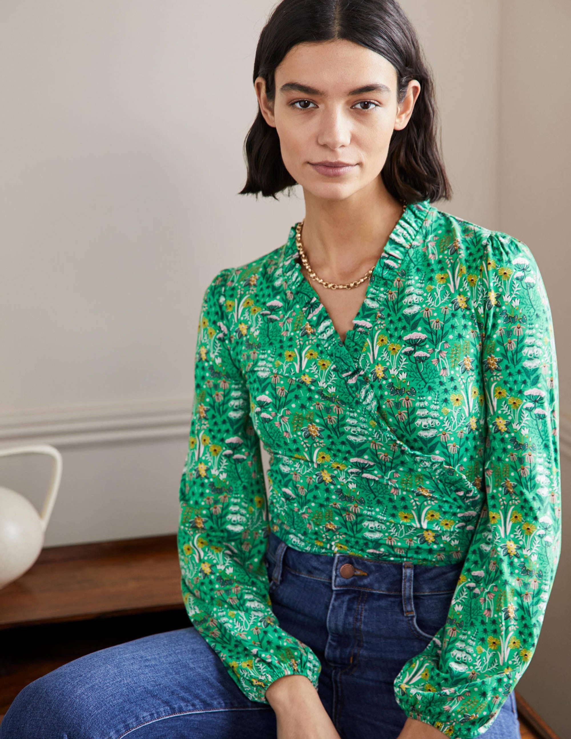Frill Neck Blouson Wrap Top-Rich Emerald, Wildflower Bloom - Image 1