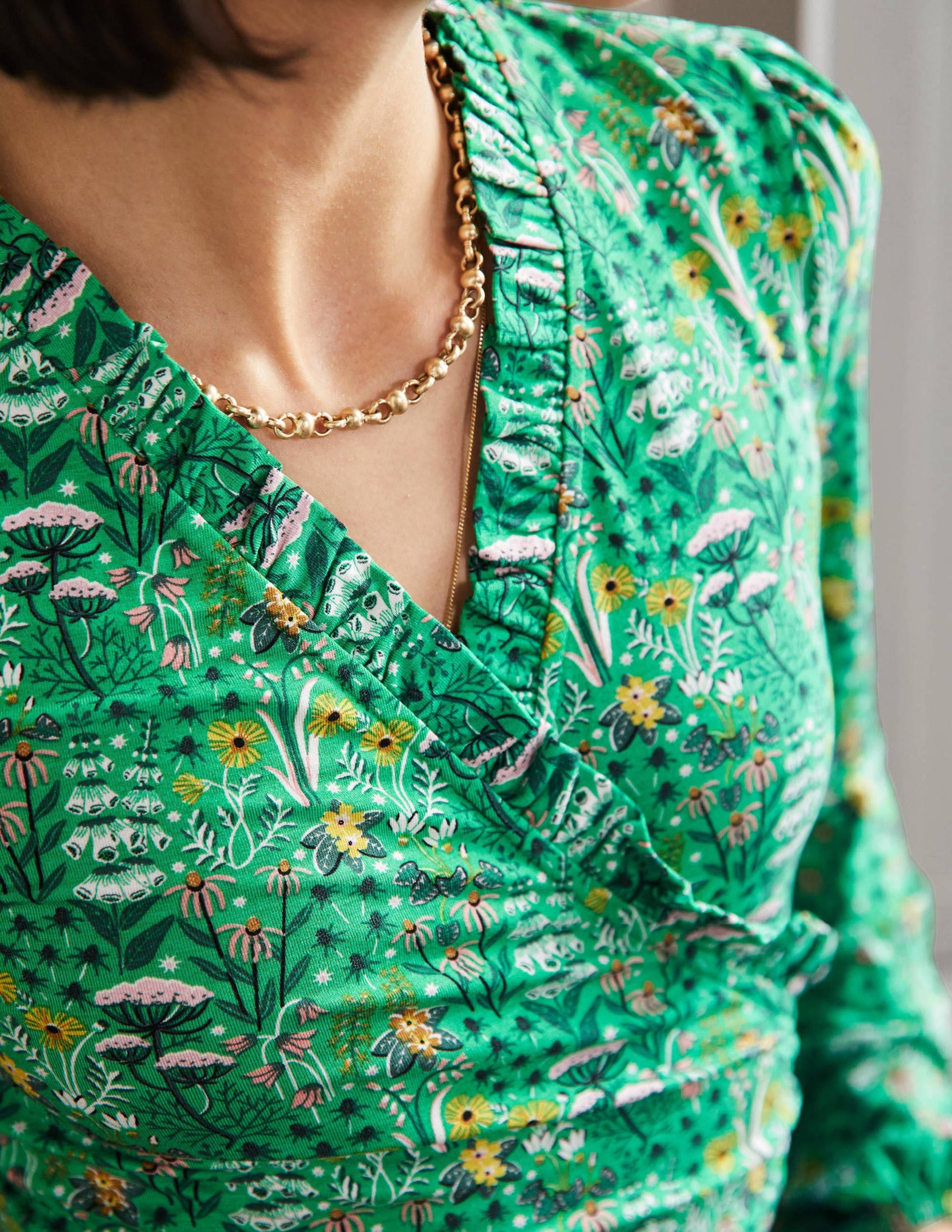 Frill Neck Blouson Wrap Top-Rich Emerald, Wildflower Bloom-2