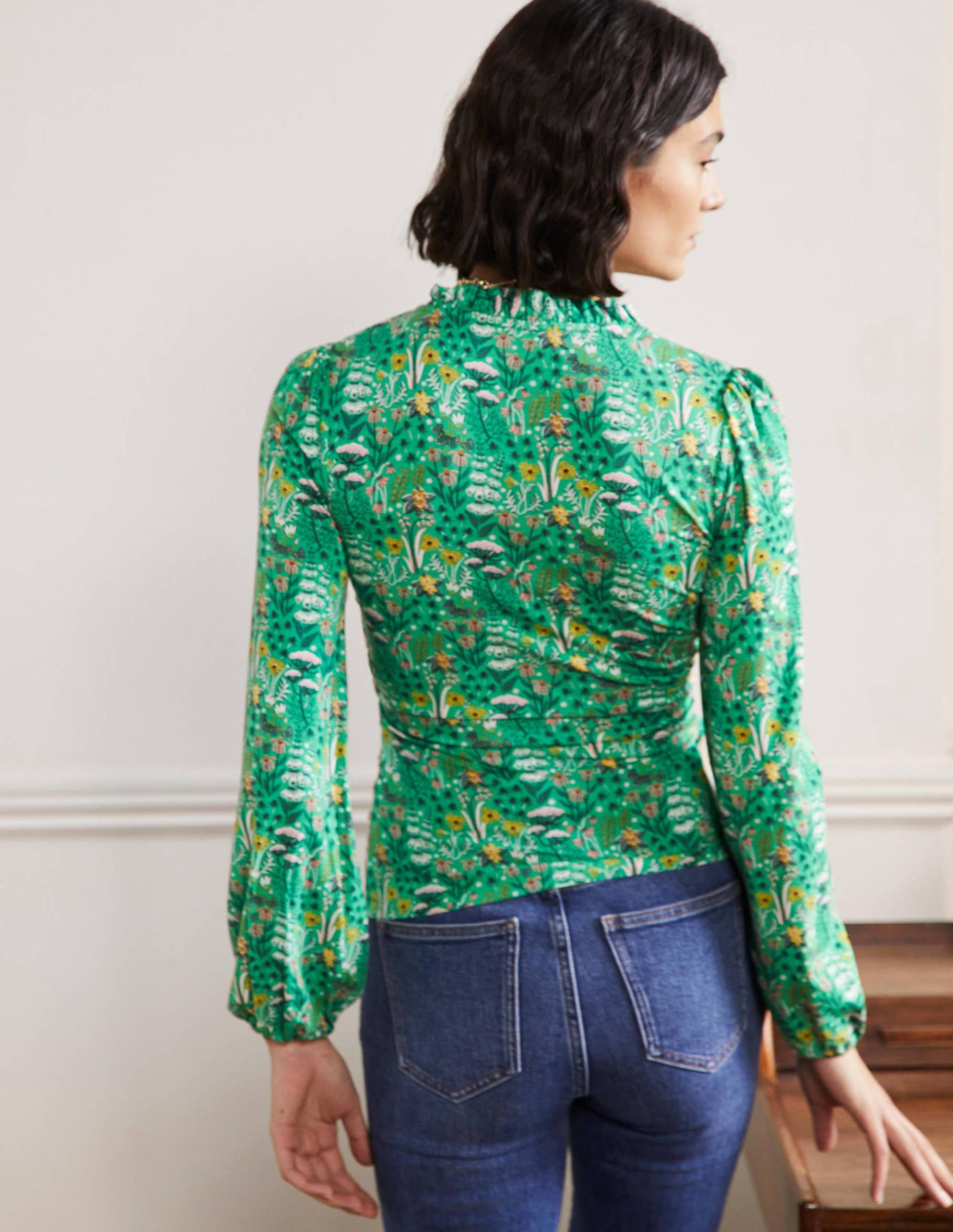 Frill Neck Blouson Wrap Top-Rich Emerald, Wildflower Bloom-3