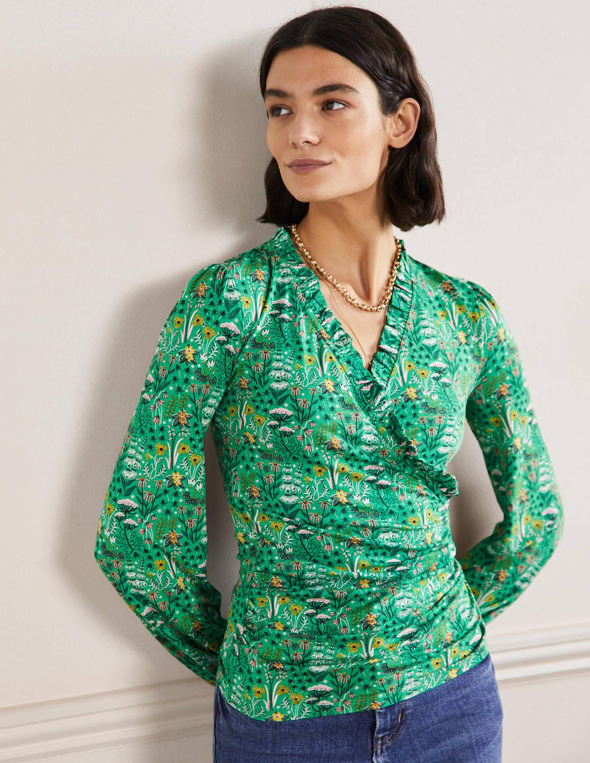 Frill Neck Blouson Wrap Top-Rich Emerald, Wildflower Bloom-4