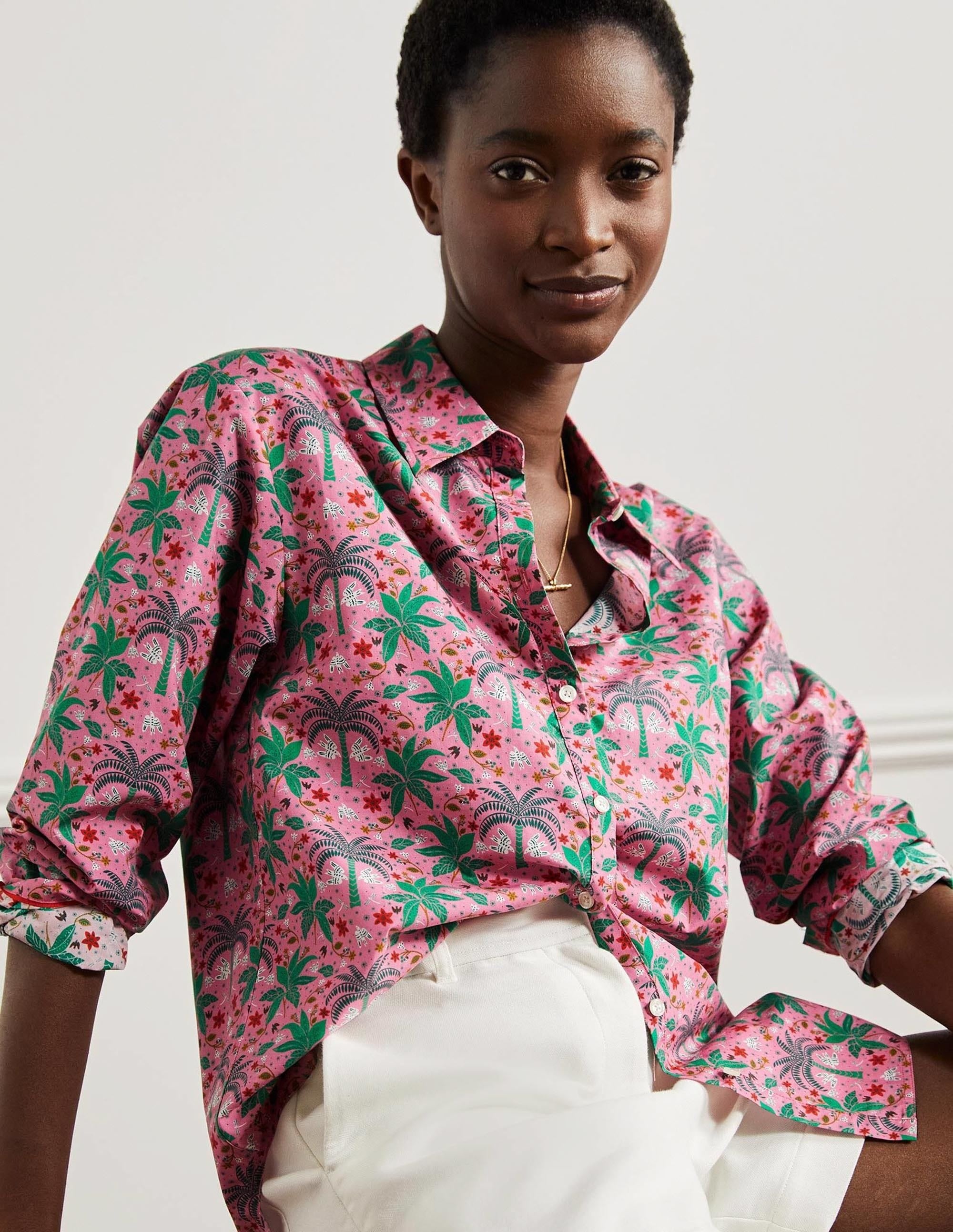 Relaxed Cotton Shirt-Posy Pink, Oriental Palm - Image 8