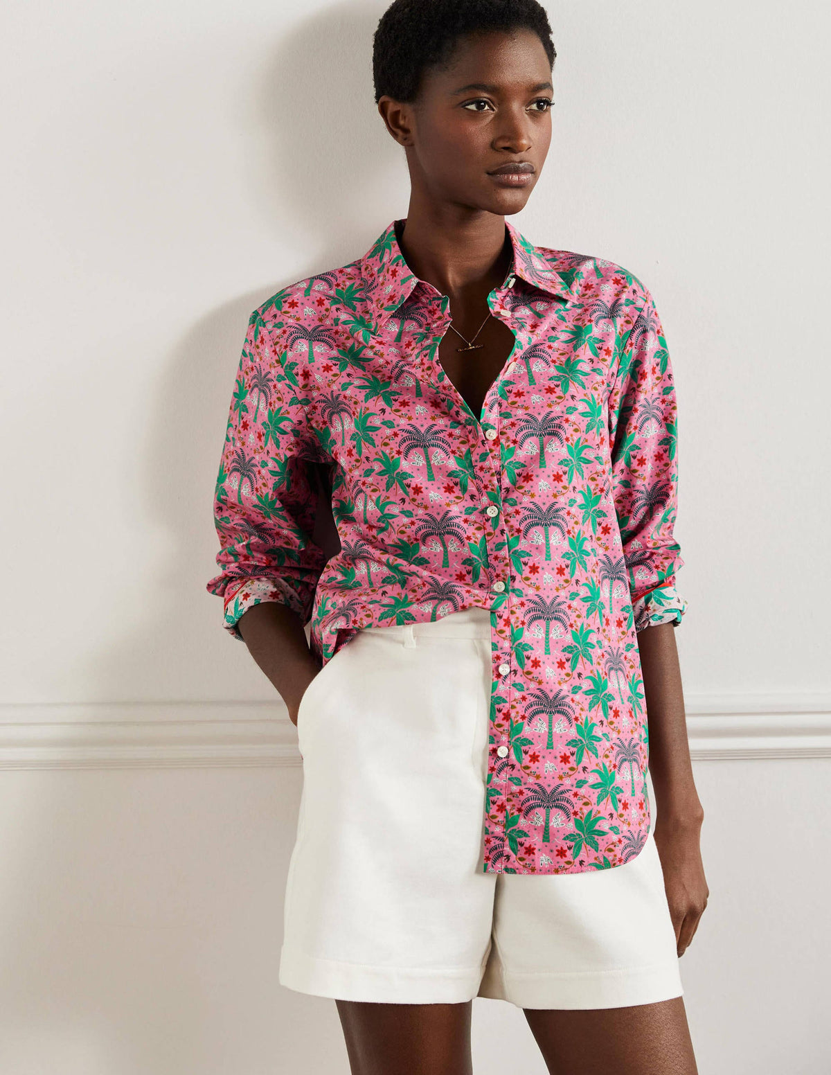 Relaxed Cotton Shirt-Posy Pink, Oriental Palm - Image 1