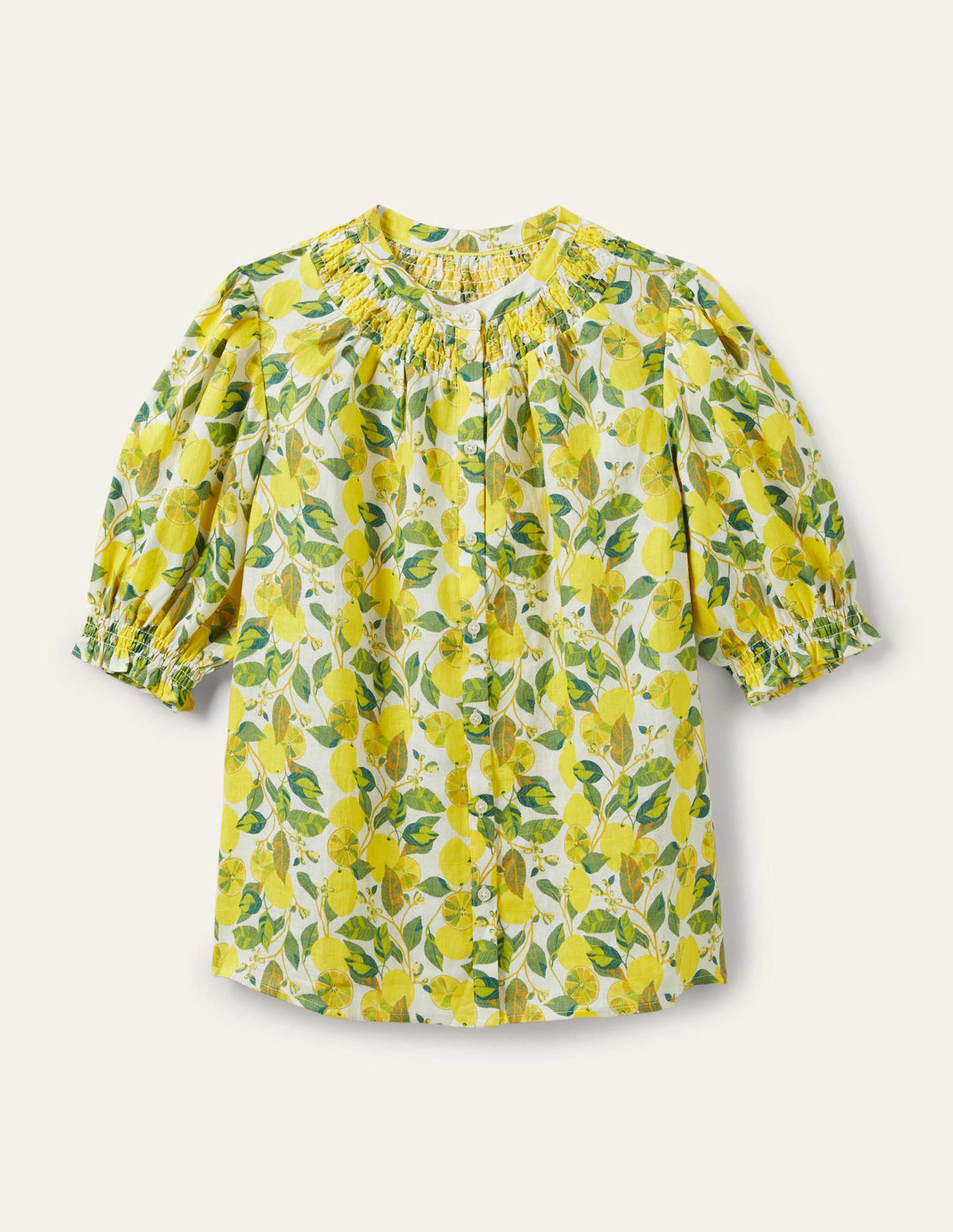 Smocked Short Sleeve Blouse-Ivory, Lemon Vine-6