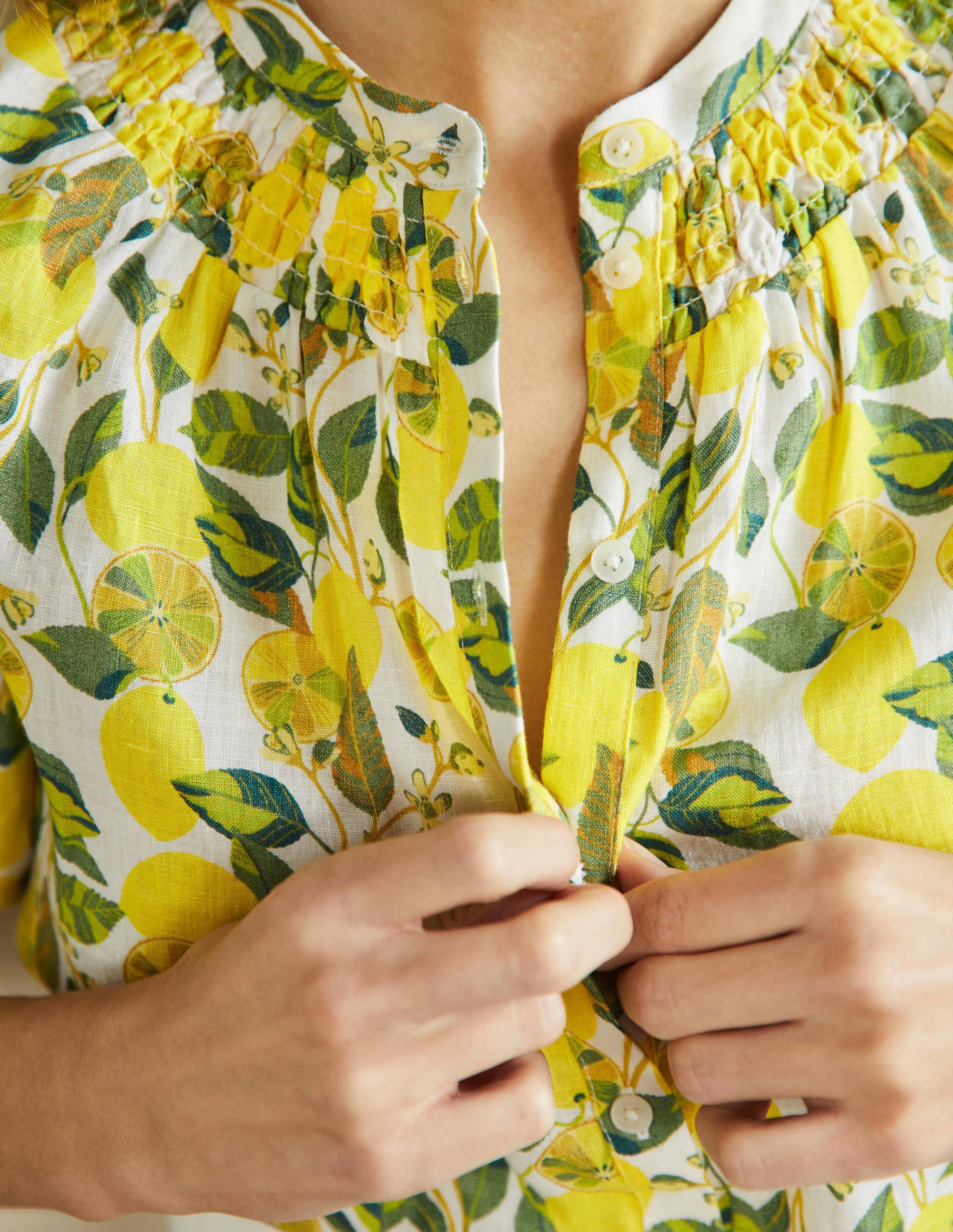 Smocked Short Sleeve Blouse-Ivory, Lemon Vine - Image 2