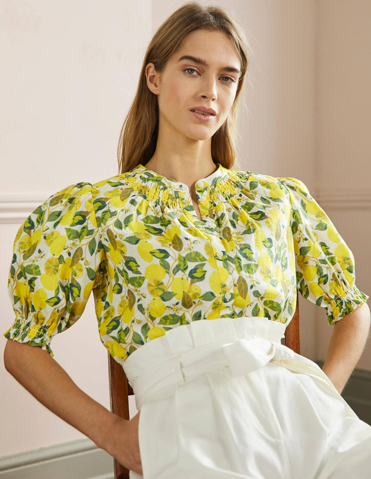 Smocked Short Sleeve Blouse-Ivory, Lemon Vine - Image 4