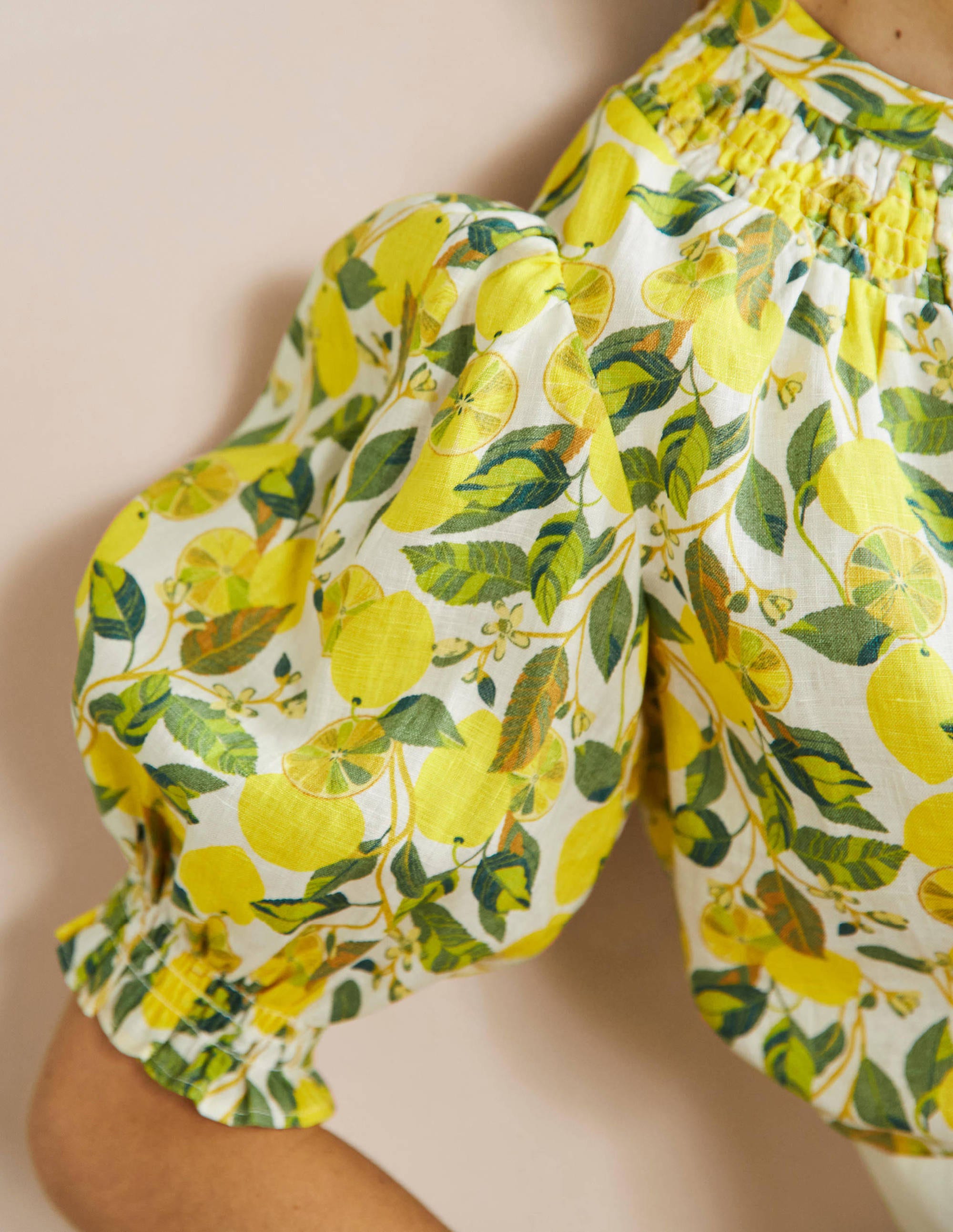 Smocked Short Sleeve Blouse-Ivory, Lemon Vine - Image 5