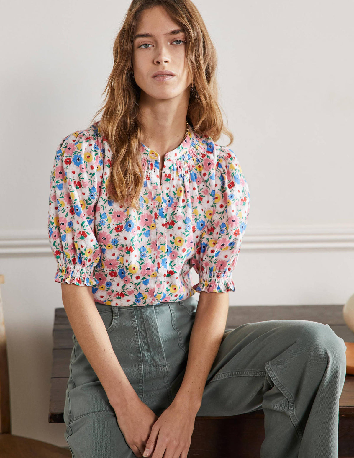 Smocked Short Sleeve Blouse-Milkshake, Elegant Bloom - Image 1