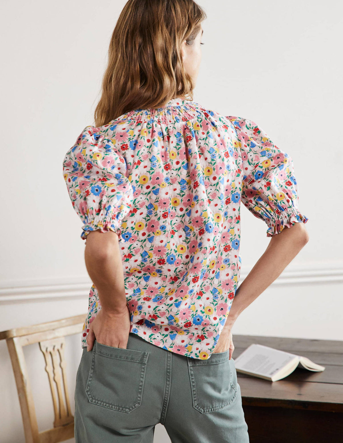 Smocked Short Sleeve Blouse-Milkshake, Elegant Bloom-3