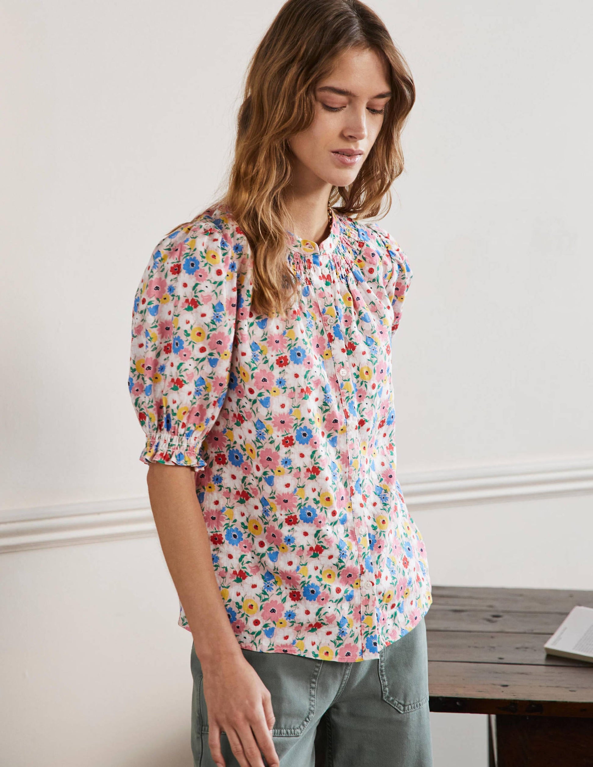 Smocked Short Sleeve Blouse-Milkshake, Elegant Bloom-4