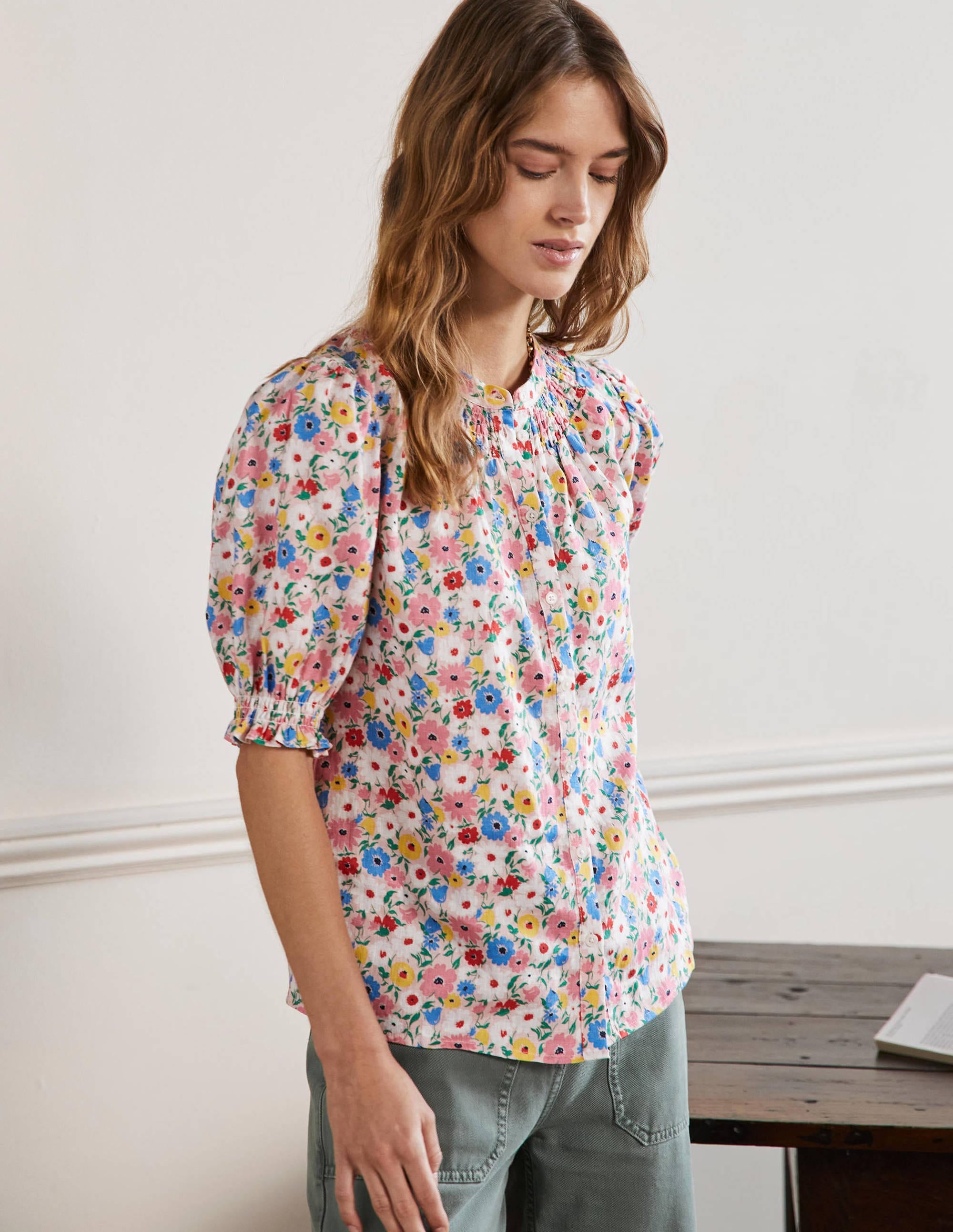 Smocked Short Sleeve Blouse-Milkshake, Elegant Bloom - Image 4