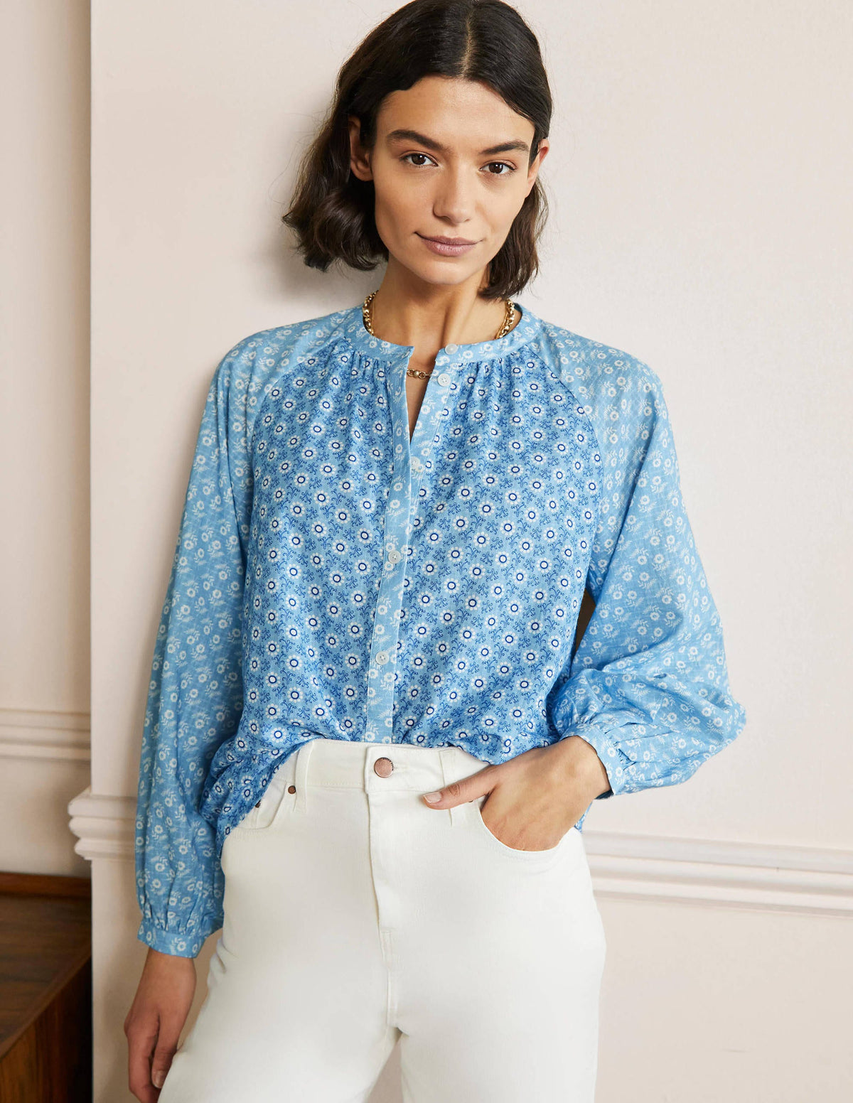 Full Sleeve Raglan Blouse-Dusty Blue, Floret Geo - Image 1