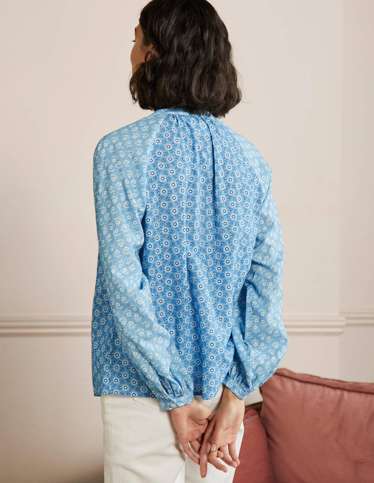 Full Sleeve Raglan Blouse-Dusty Blue, Floret Geo-3