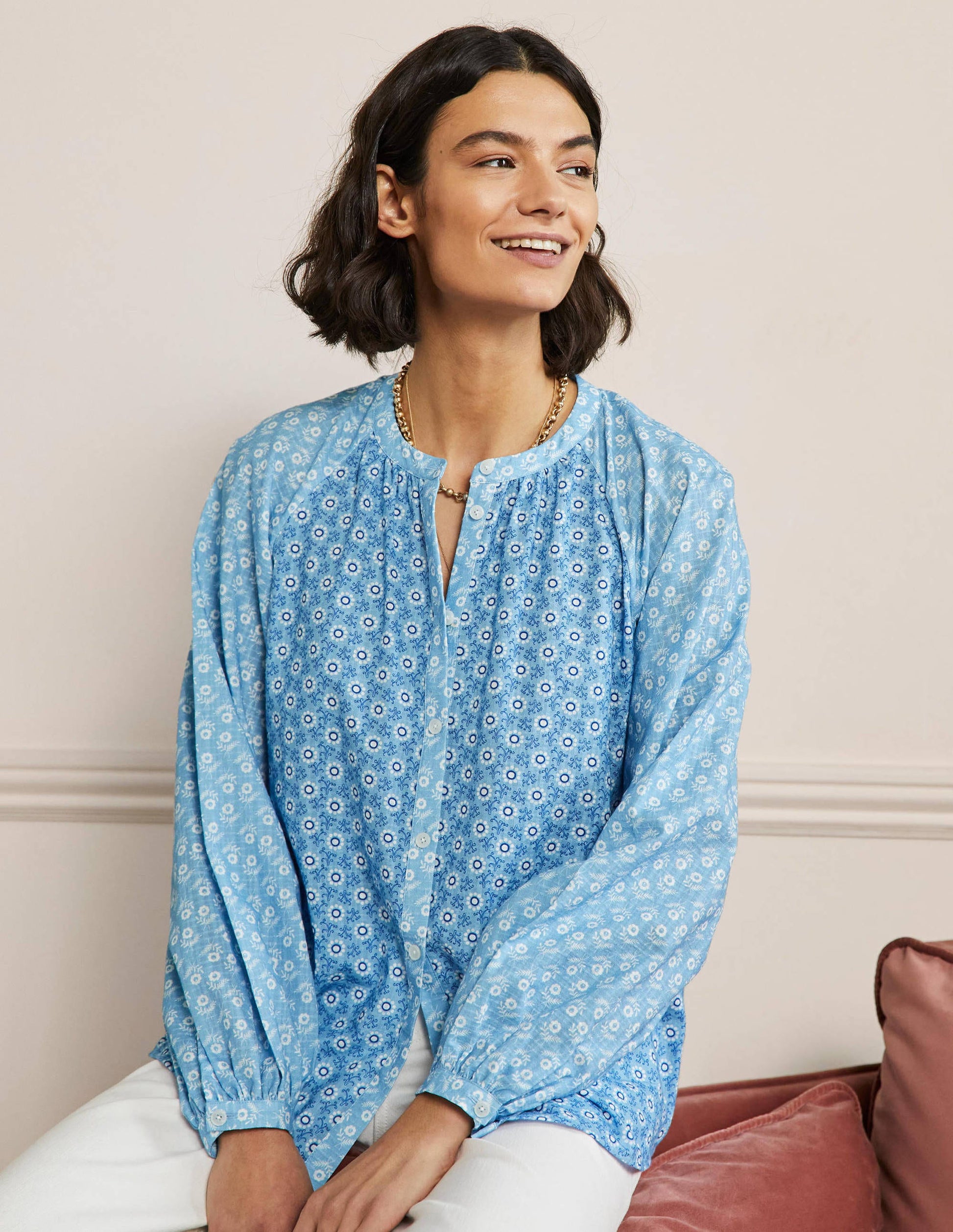 Full Sleeve Raglan Blouse-Dusty Blue, Floret Geo-4