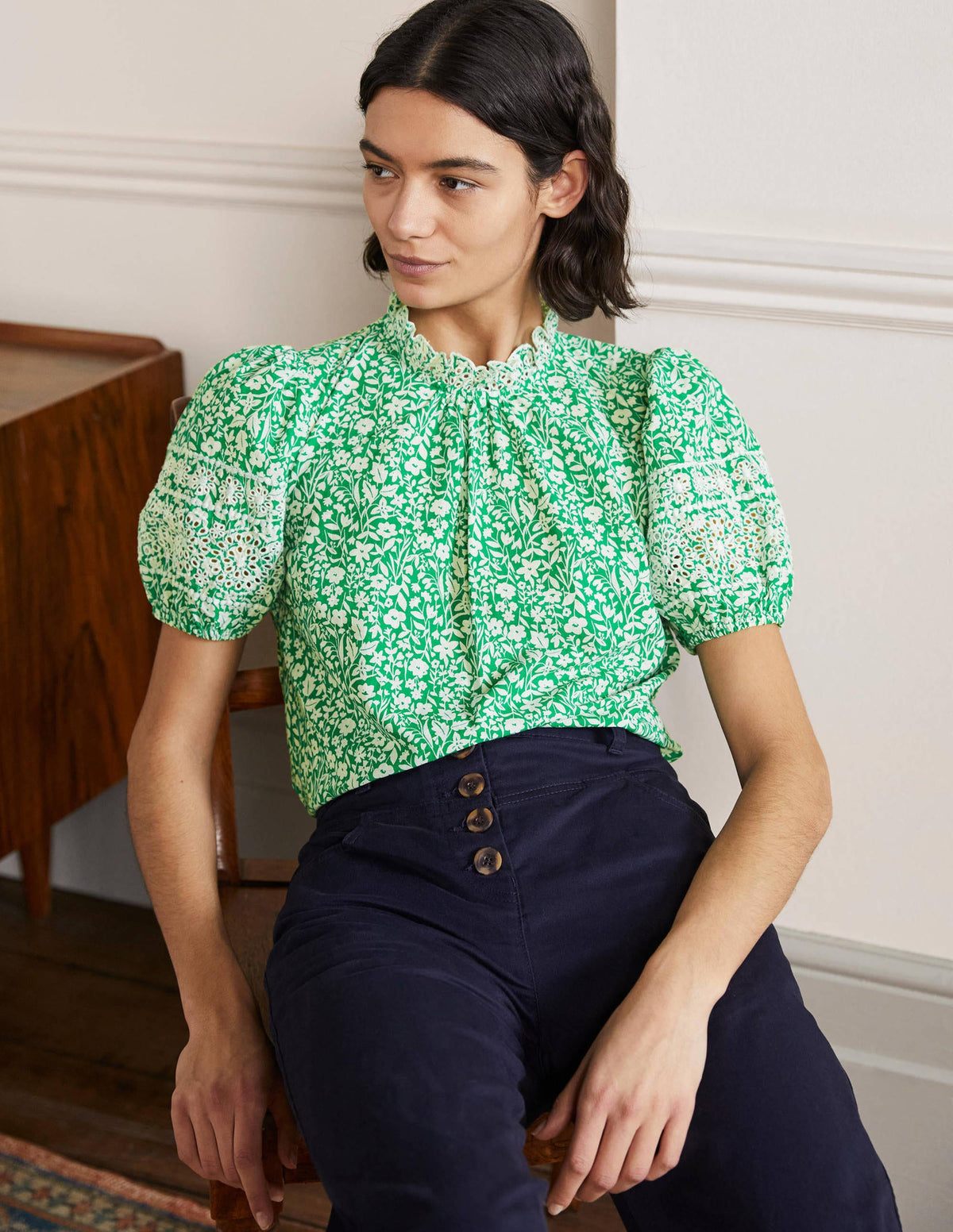 Printed Broderie Top-Rich Emerald, Wildflower - Image 1