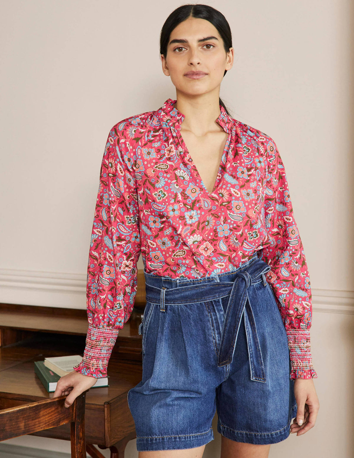 Smocked Cuff Printed Top-Radish, Oriental Paradise-1