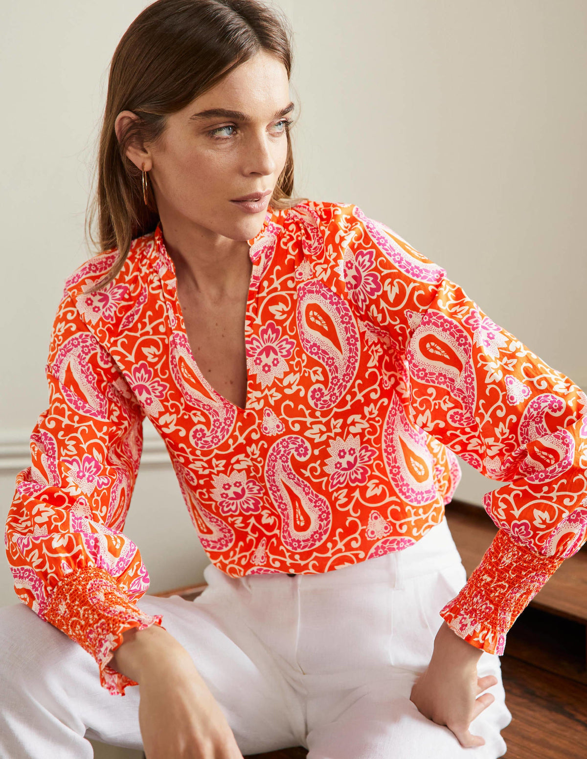 Smocked Cuff Printed Top-Papaya, Enchanting Paisley-1
