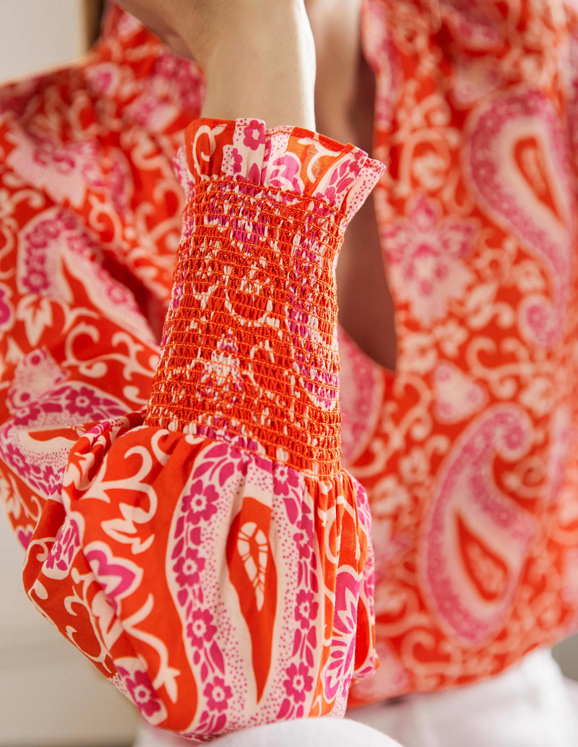 Smocked Cuff Printed Top-Papaya, Enchanting Paisley - Image 2