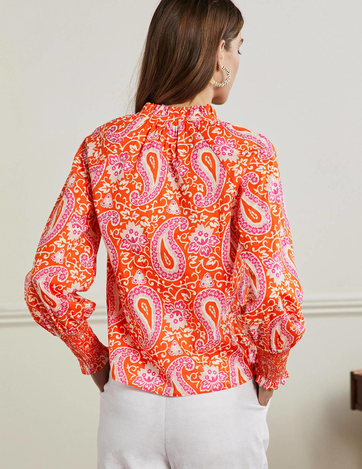 Smocked Cuff Printed Top-Papaya, Enchanting Paisley-3