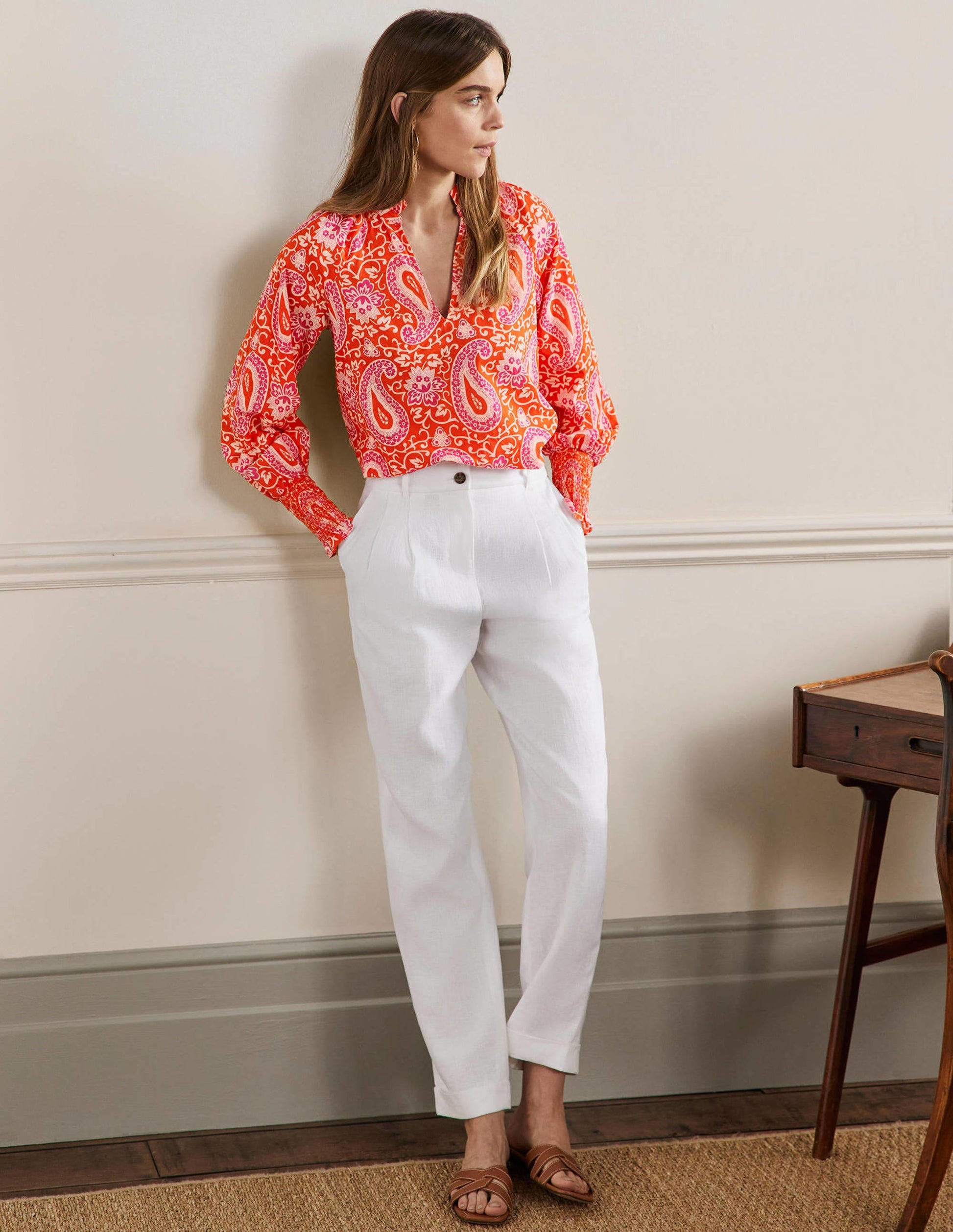 Smocked Cuff Printed Top-Papaya, Enchanting Paisley-4