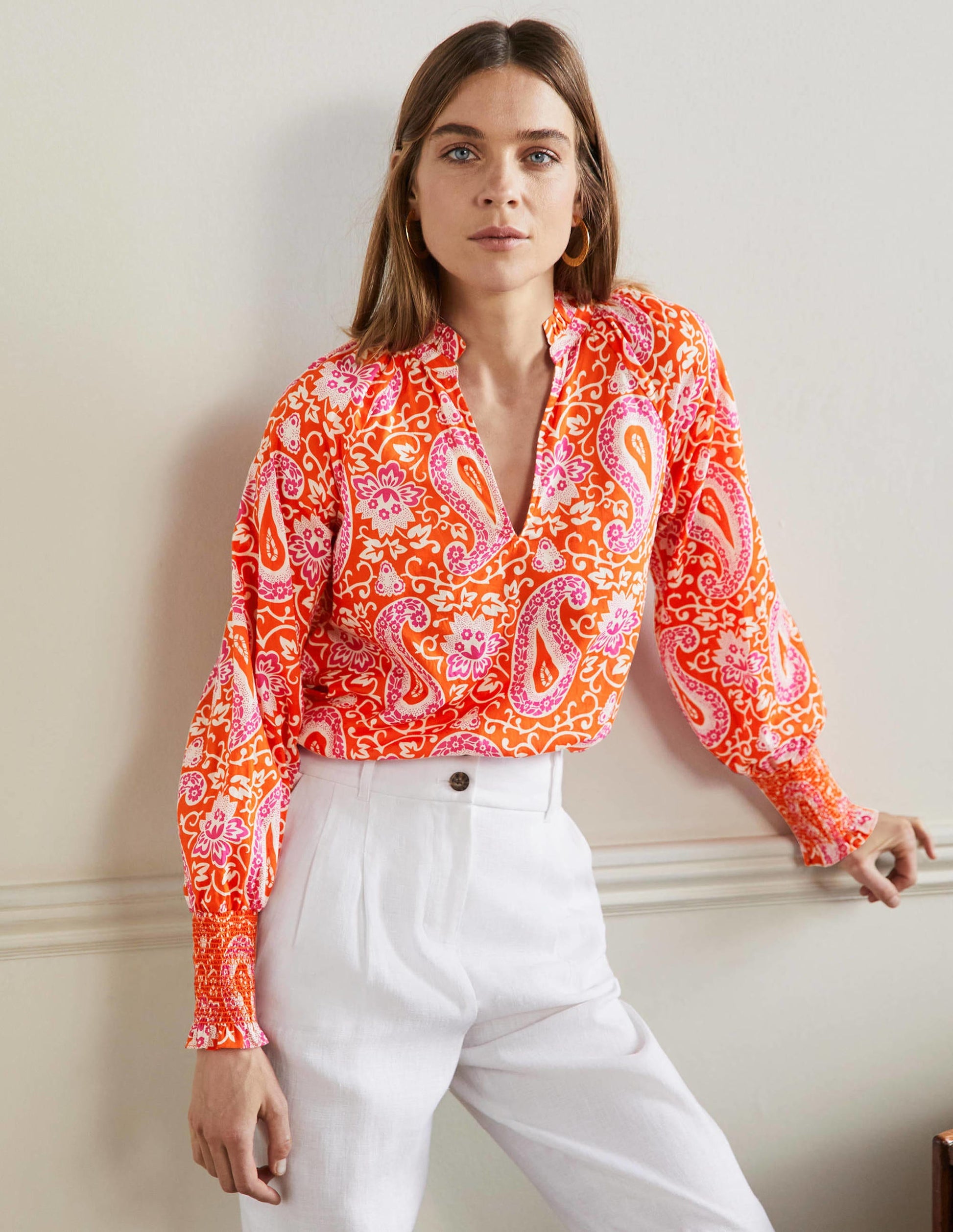 Smocked Cuff Printed Top-Papaya, Enchanting Paisley-5