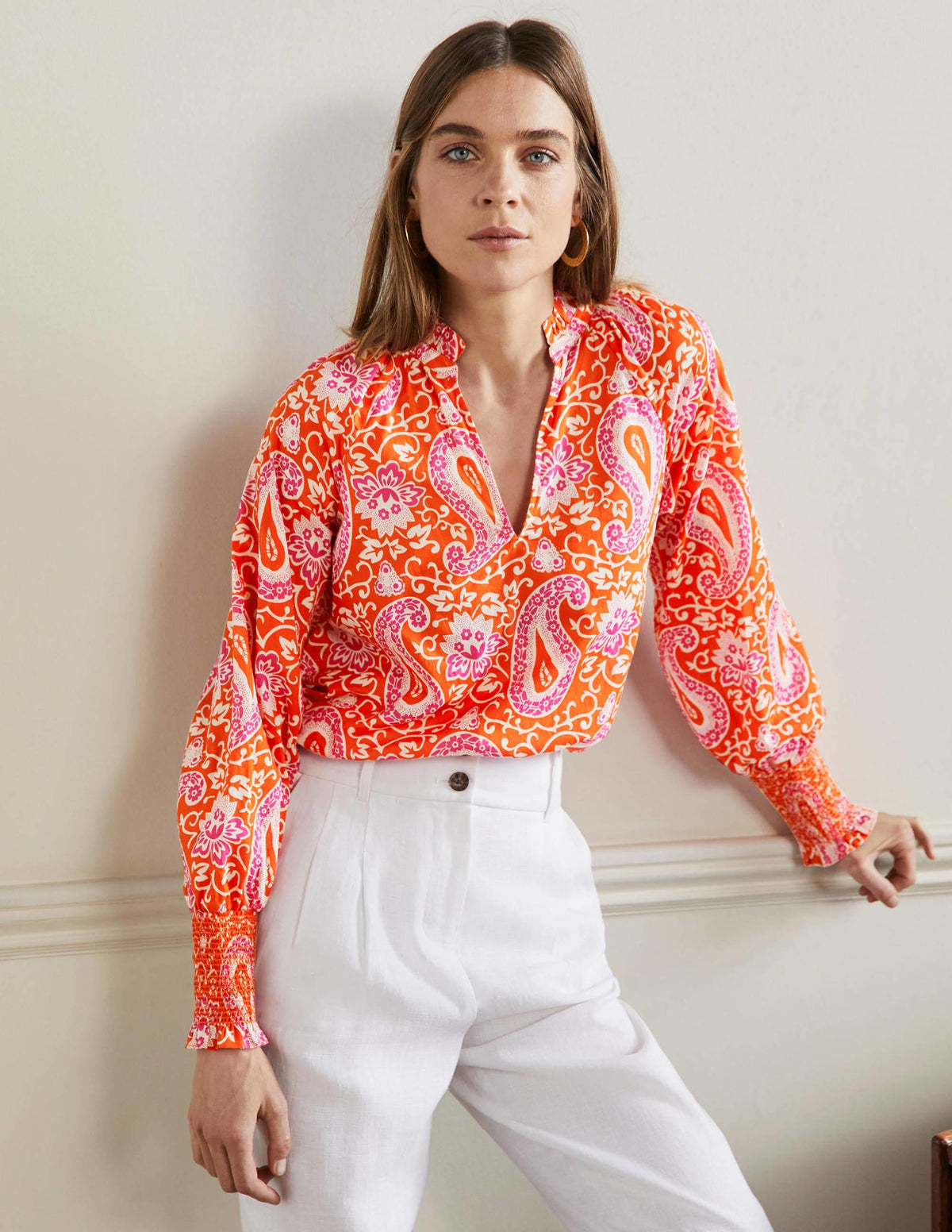 Smocked Cuff Printed Top-Papaya, Enchanting Paisley - Image 5