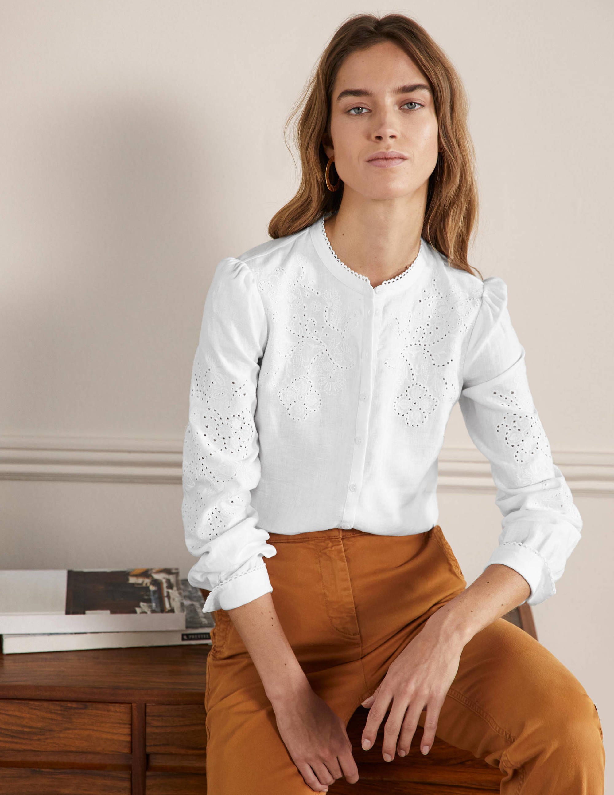 Cut Work High Neck Shirt-White - Image 1