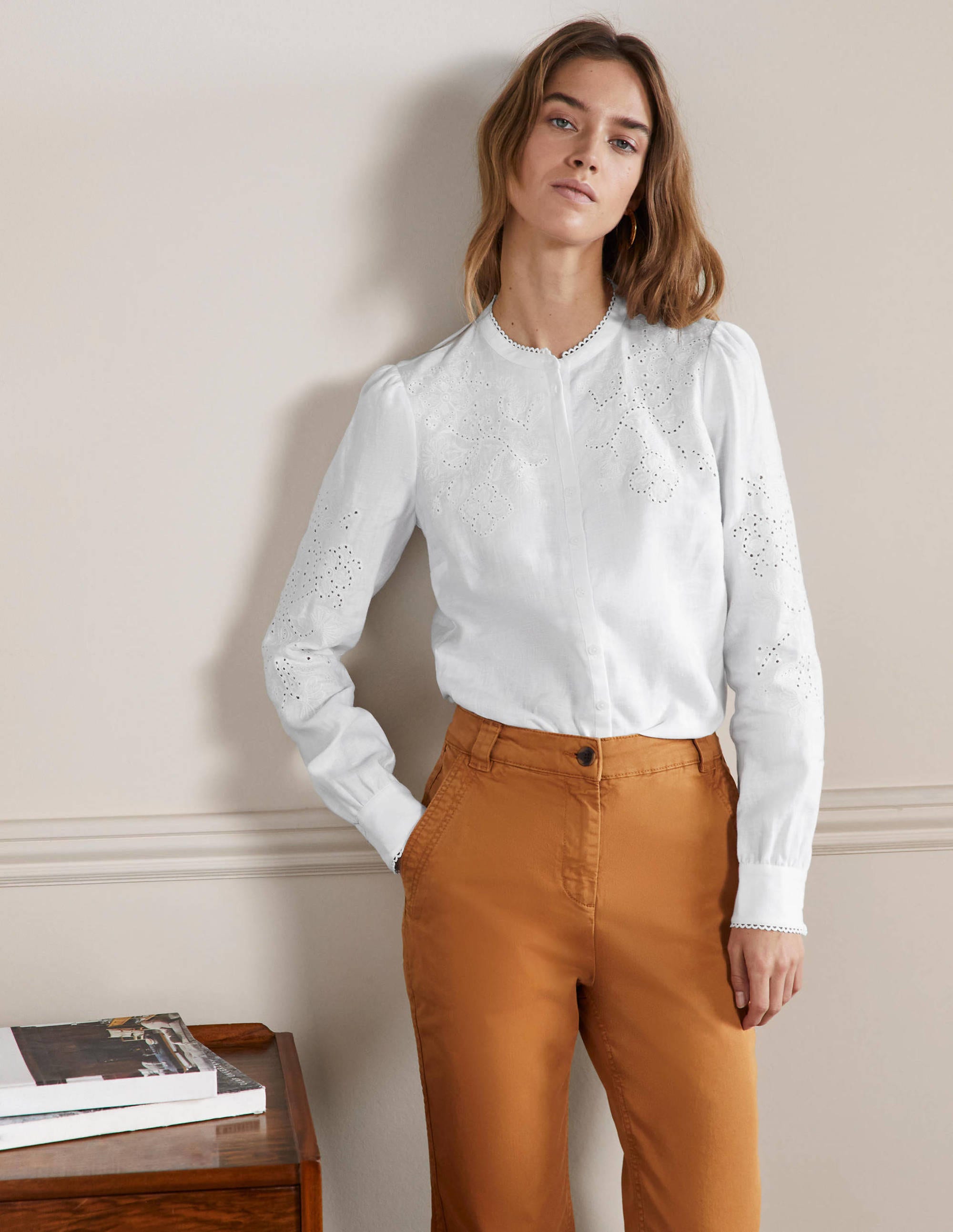 Cut Work High Neck Shirt-White - Image 4