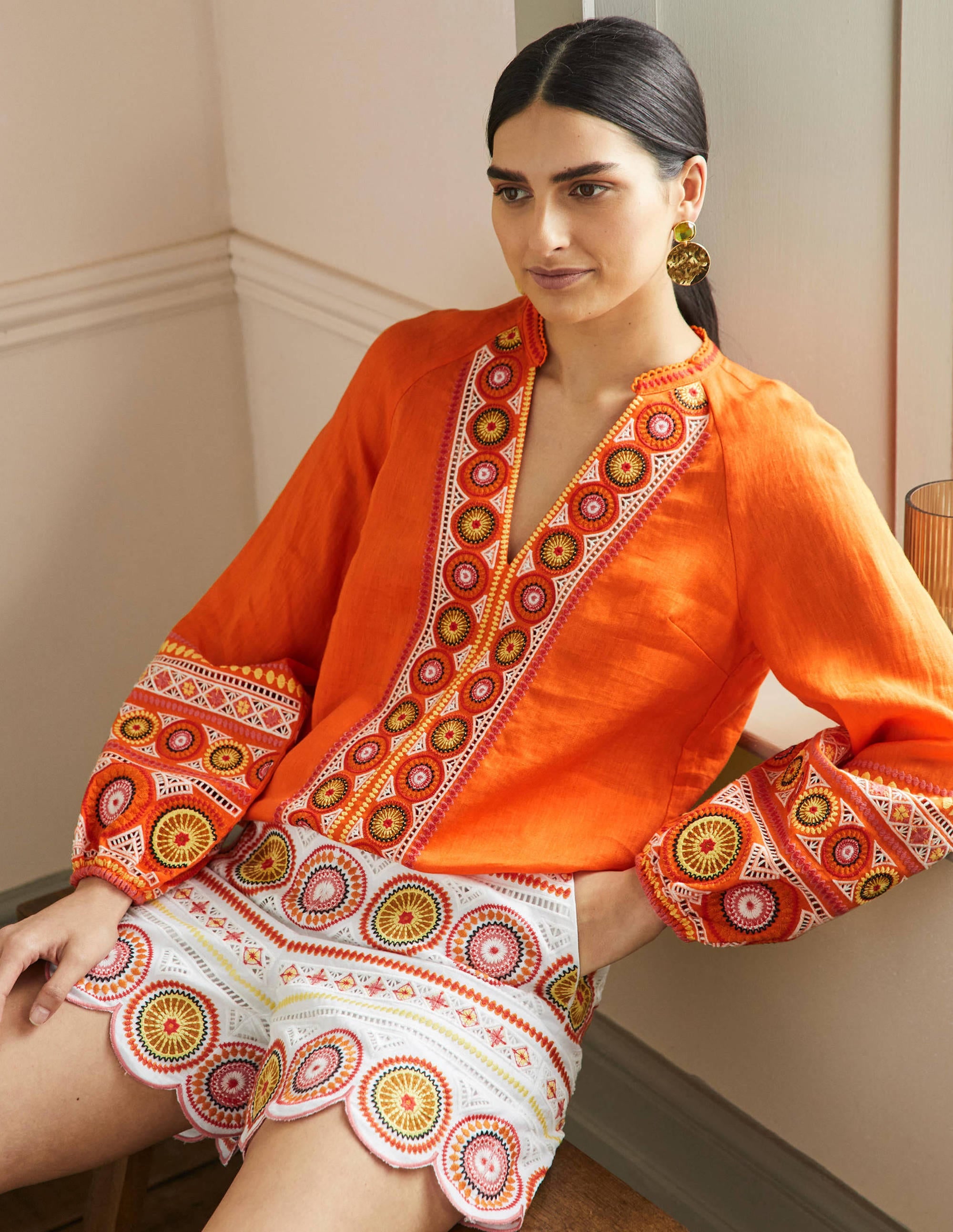 Tamsin Embroidered Linen Top-Clementine - Image 1