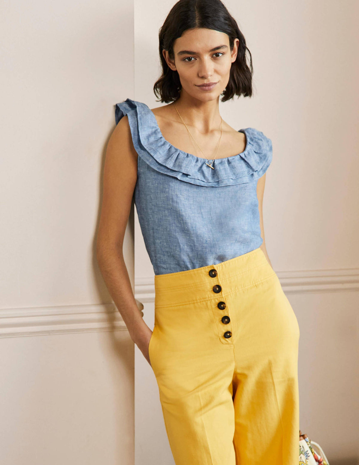 Sleeveless Ruffle Linen Top-Chambray - Image 1