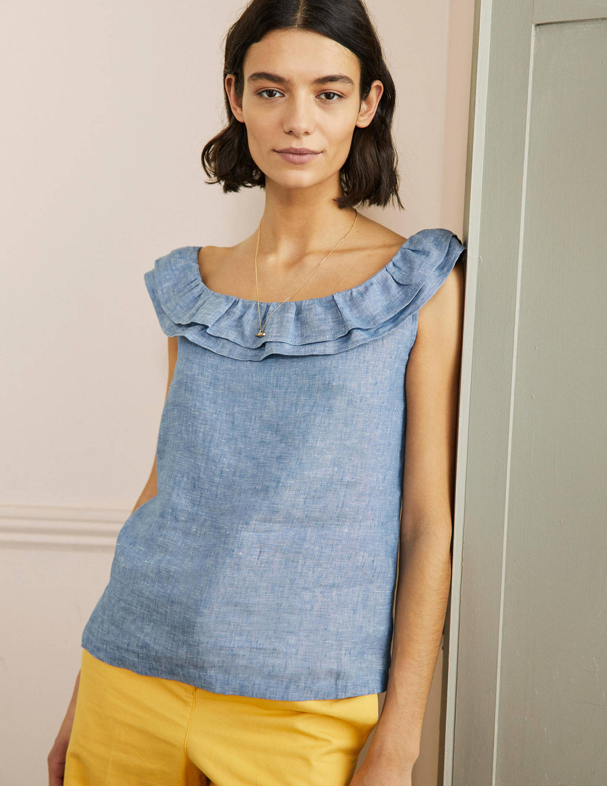 Sleeveless Ruffle Linen Top-Chambray - Image 4