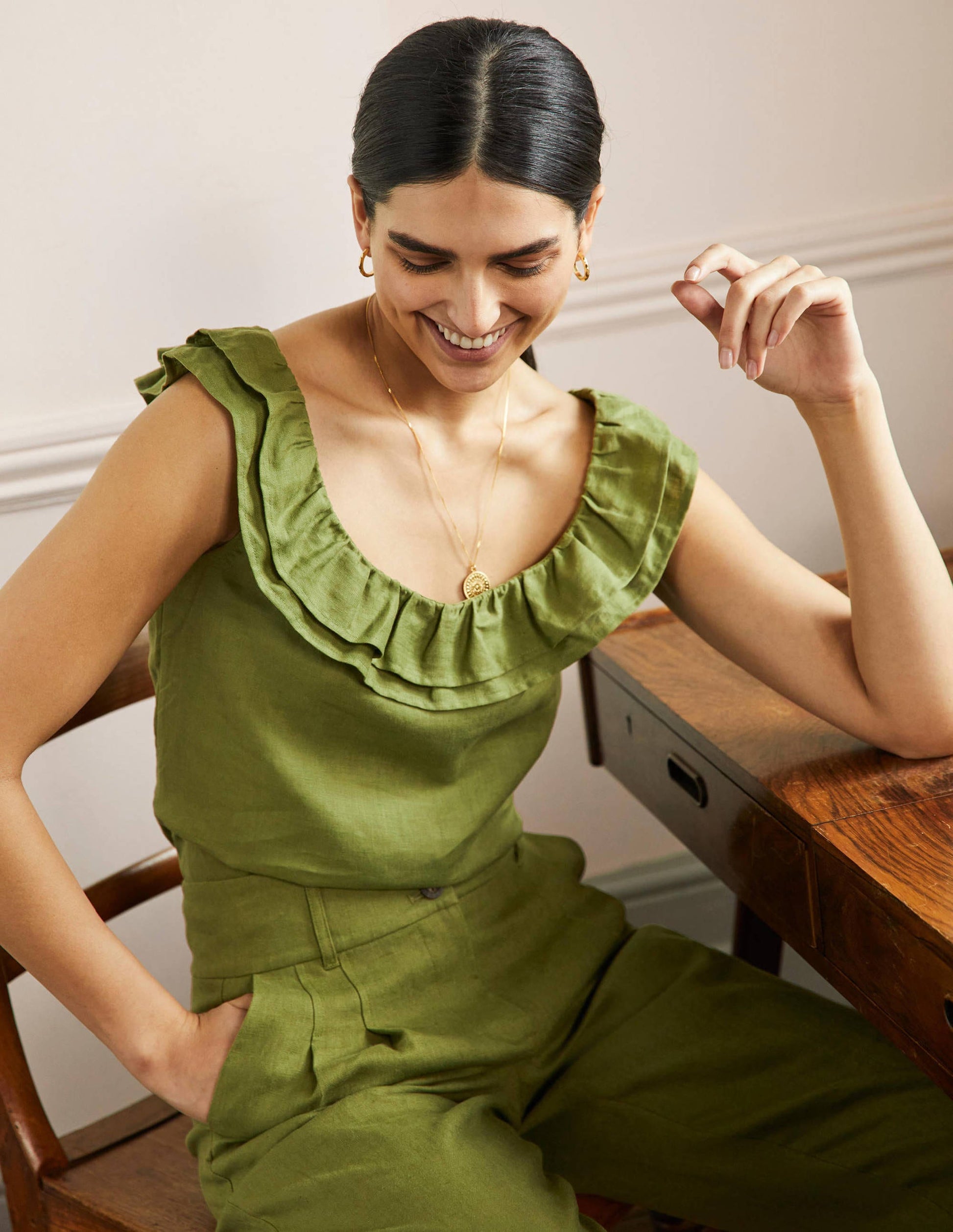 Sleeveless Ruffle Linen Top-Pea Green-1