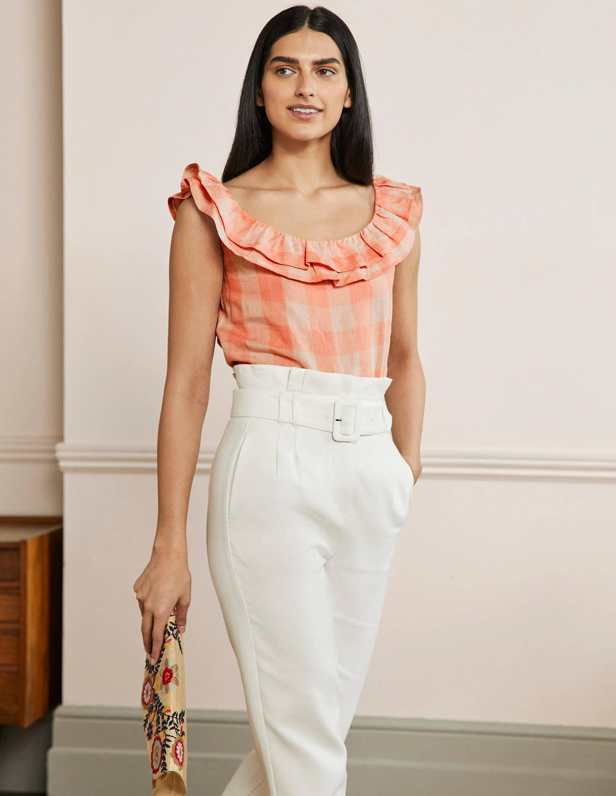 Sleeveless Ruffle Linen Top-Tonal Pinks Gingham - Image 4