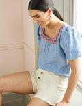 Square Neck Linen Top-Chambray