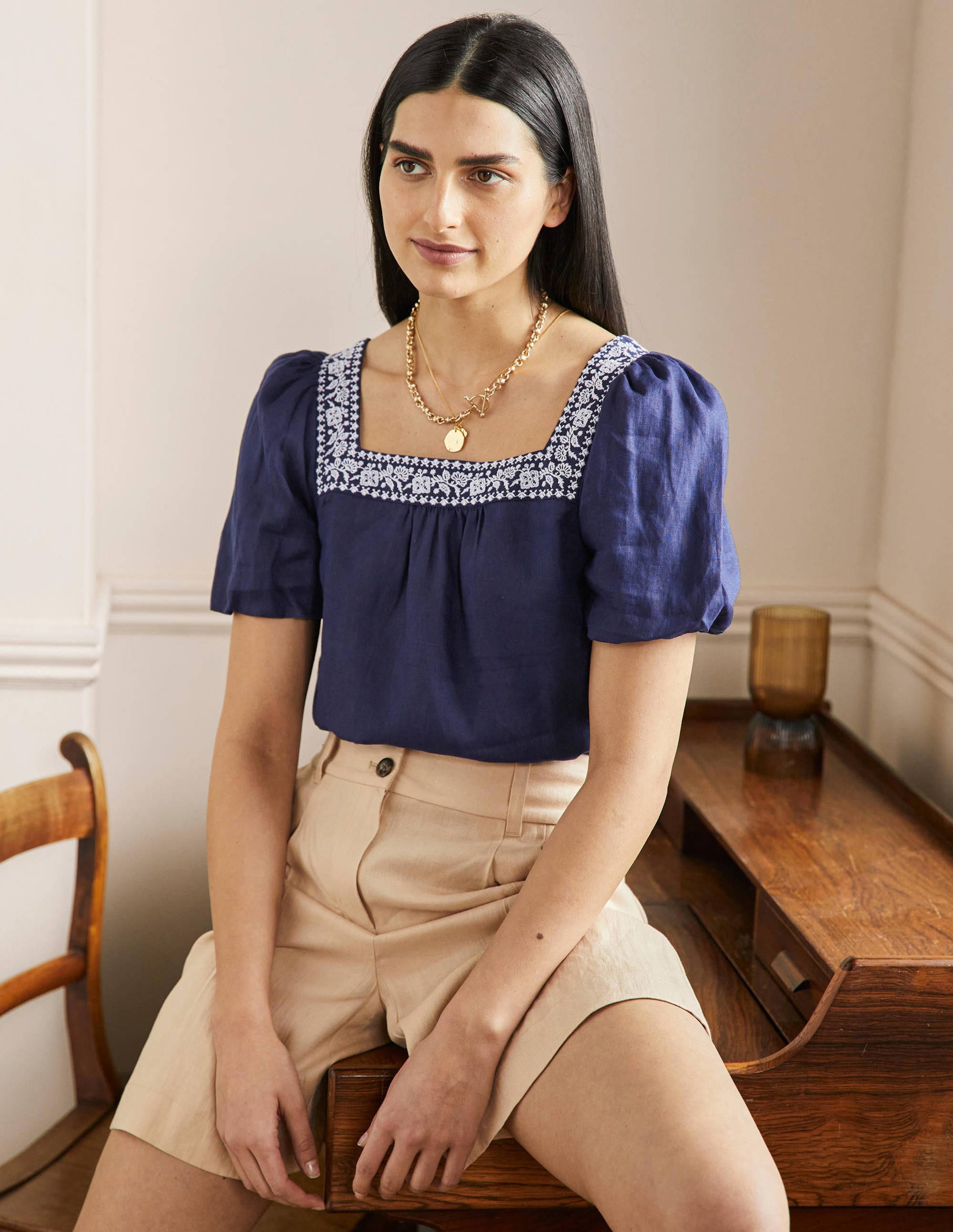 Square Neck Linen Top-Navy Embroidery - Image 1