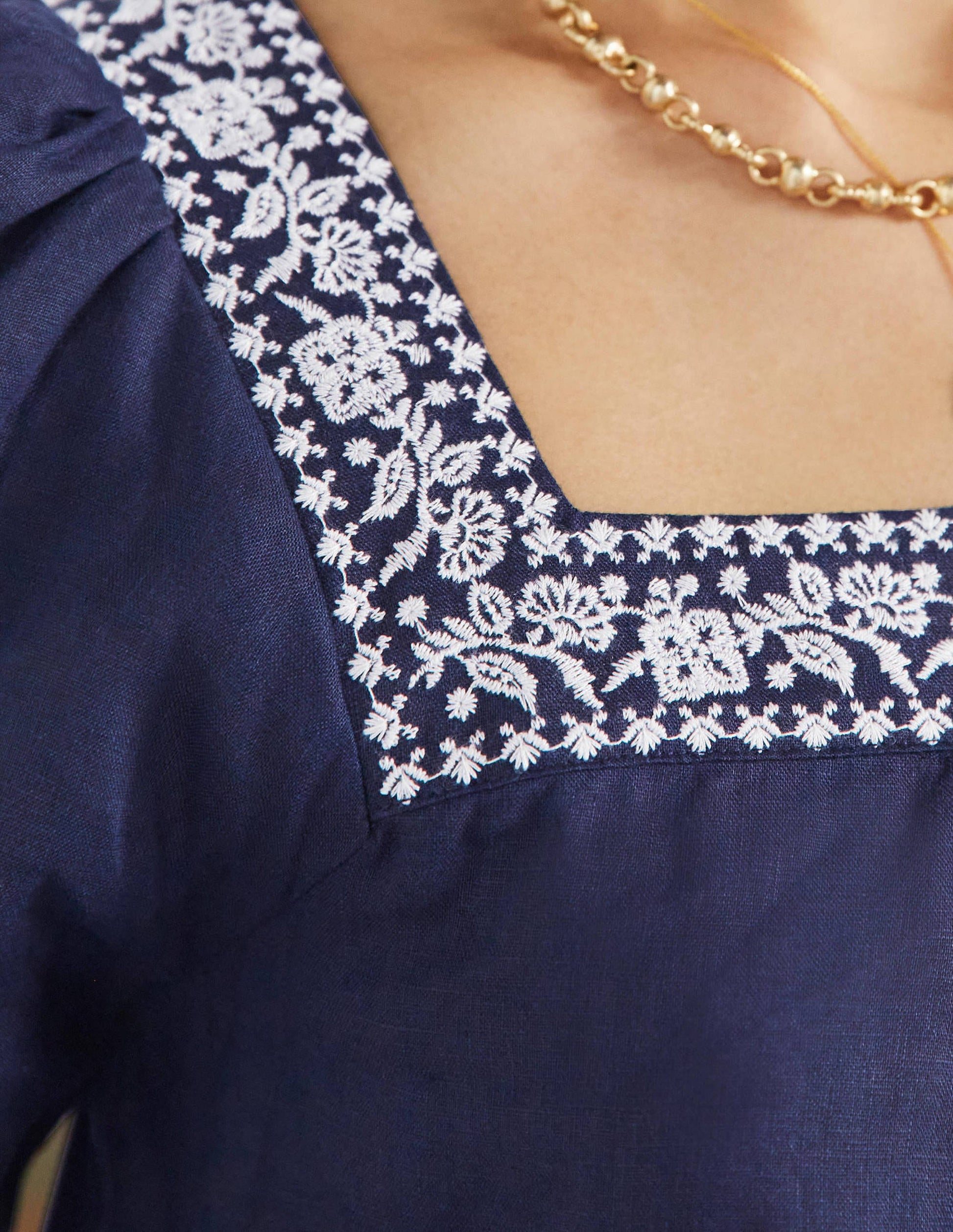 Square Neck Linen Top-Navy Embroidery-2