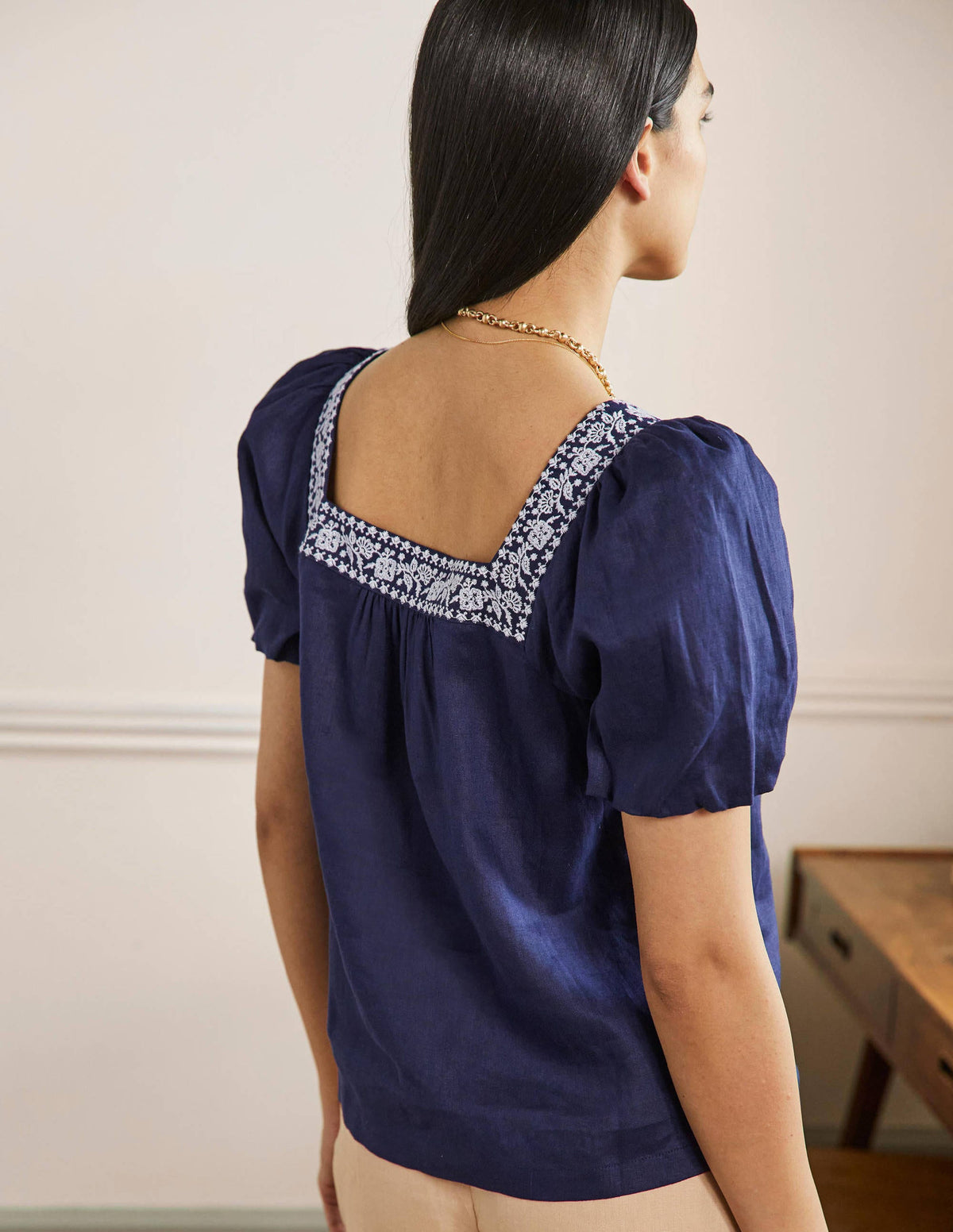 Square Neck Linen Top-Navy Embroidery-3