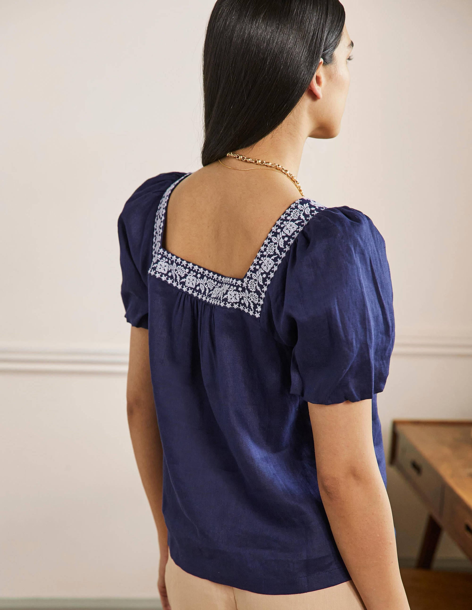 Square Neck Linen Top-Navy Embroidery - Image 3
