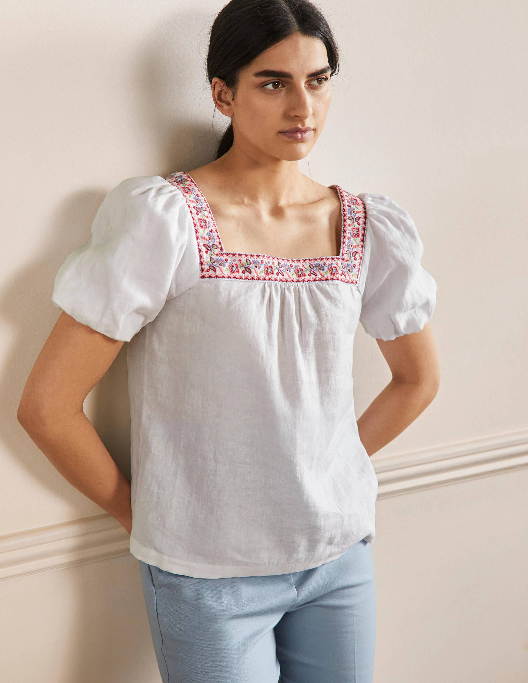 Square Neck Linen Top-White - Image 1